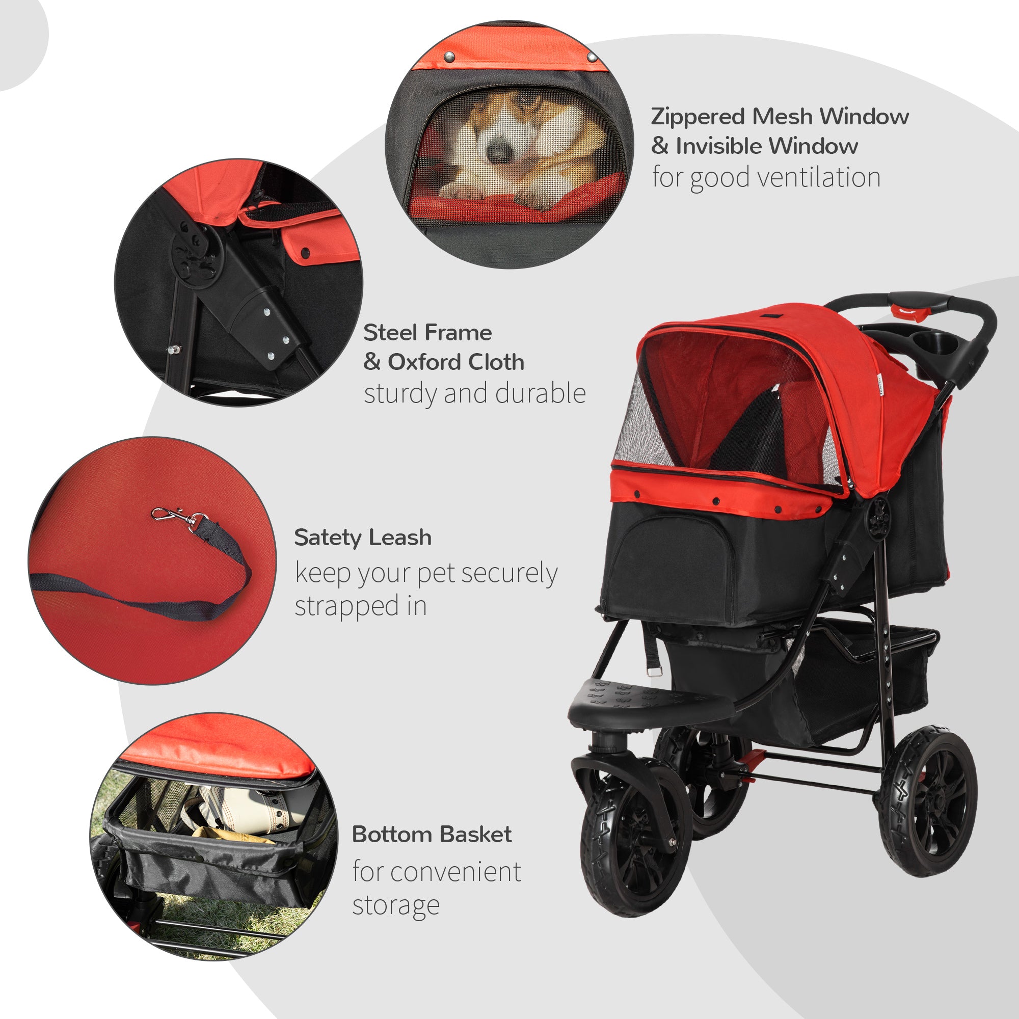 PawHut 3 Wheel Folding Dog Stroller, Jogger Travel Carrier with Adjustable Canopy, Storage Brake, Mesh Window for S&M Dogs, Red