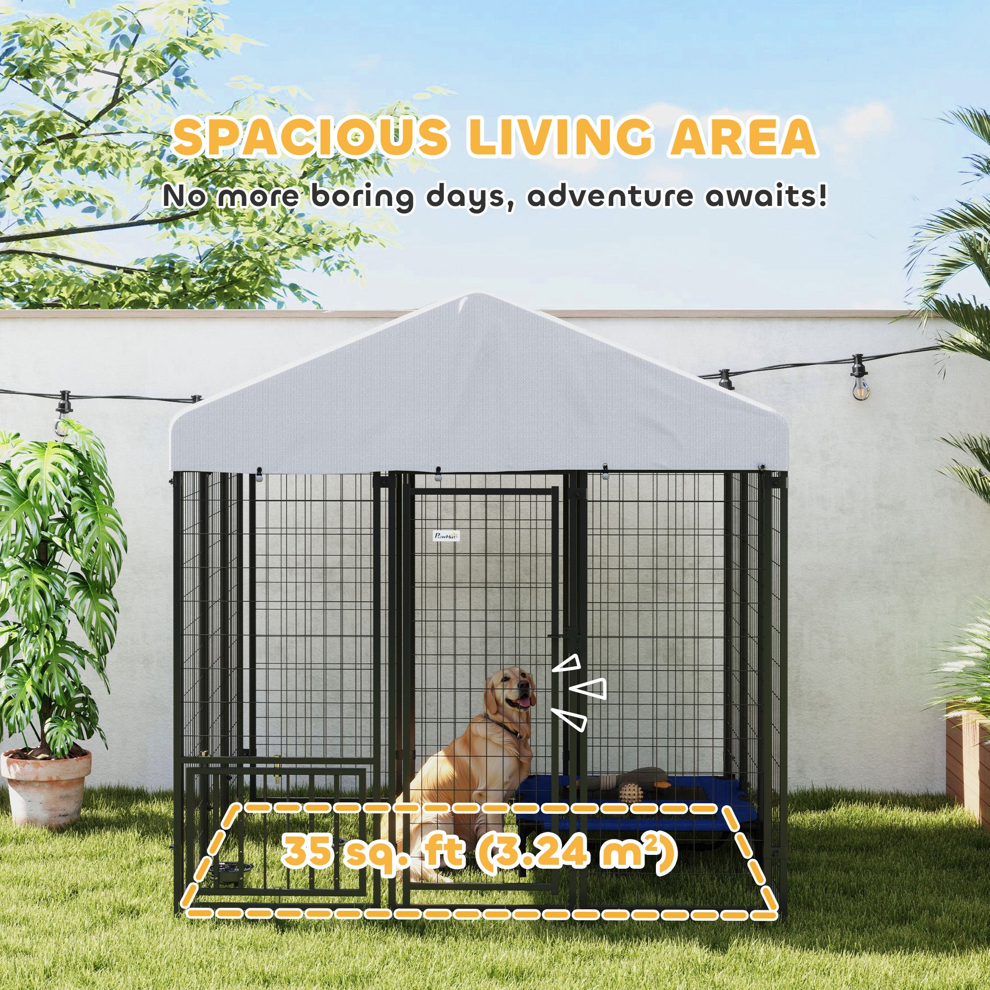 PawHut Outdoor Dog Kennel with Waterproof UV-Resistant Cover, Rotating & 4-Level Adjustable Feeding Bowls, 5.9 x 5.9 x 6 ft