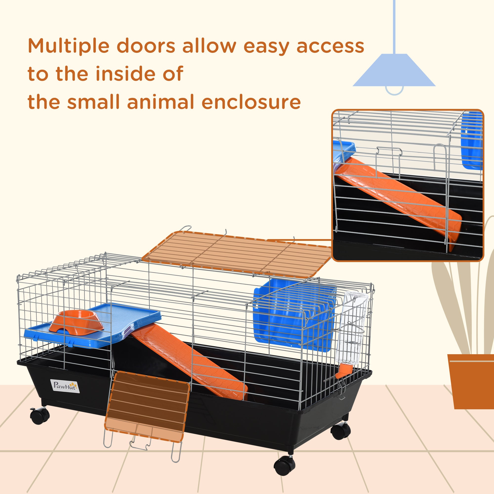 PawHut Small Animal Cage, Rolling Bunny Cage, Guinea Pig Cage with Food Dish, Water Bottle, Hay Feeder, Platform, Ramp, Black