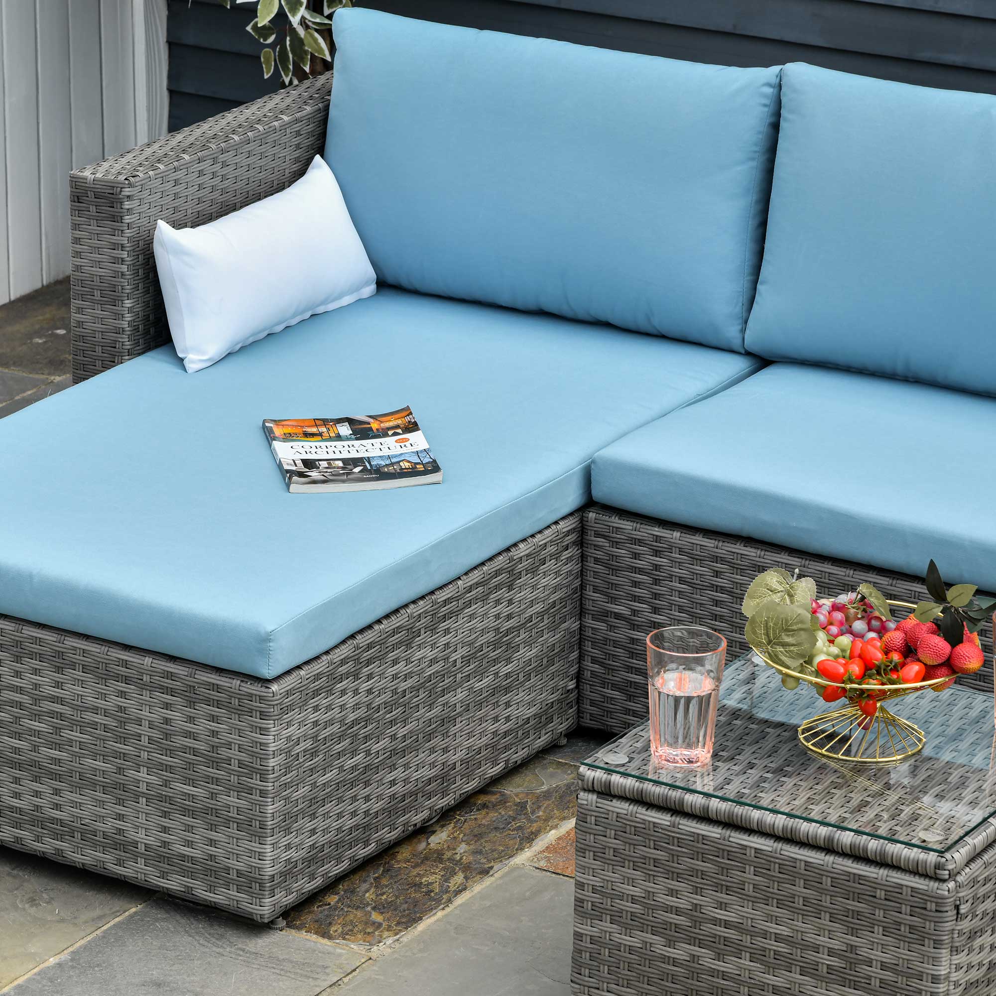 Outsunny 3-Piece Patio Furniture Set Modern Sectional Sofa Rattan Chair Wicker Conversation Set Outdoor Hand Woven Rattan Wicker Furniture Patio Coffee Table Sofa Set, Blue