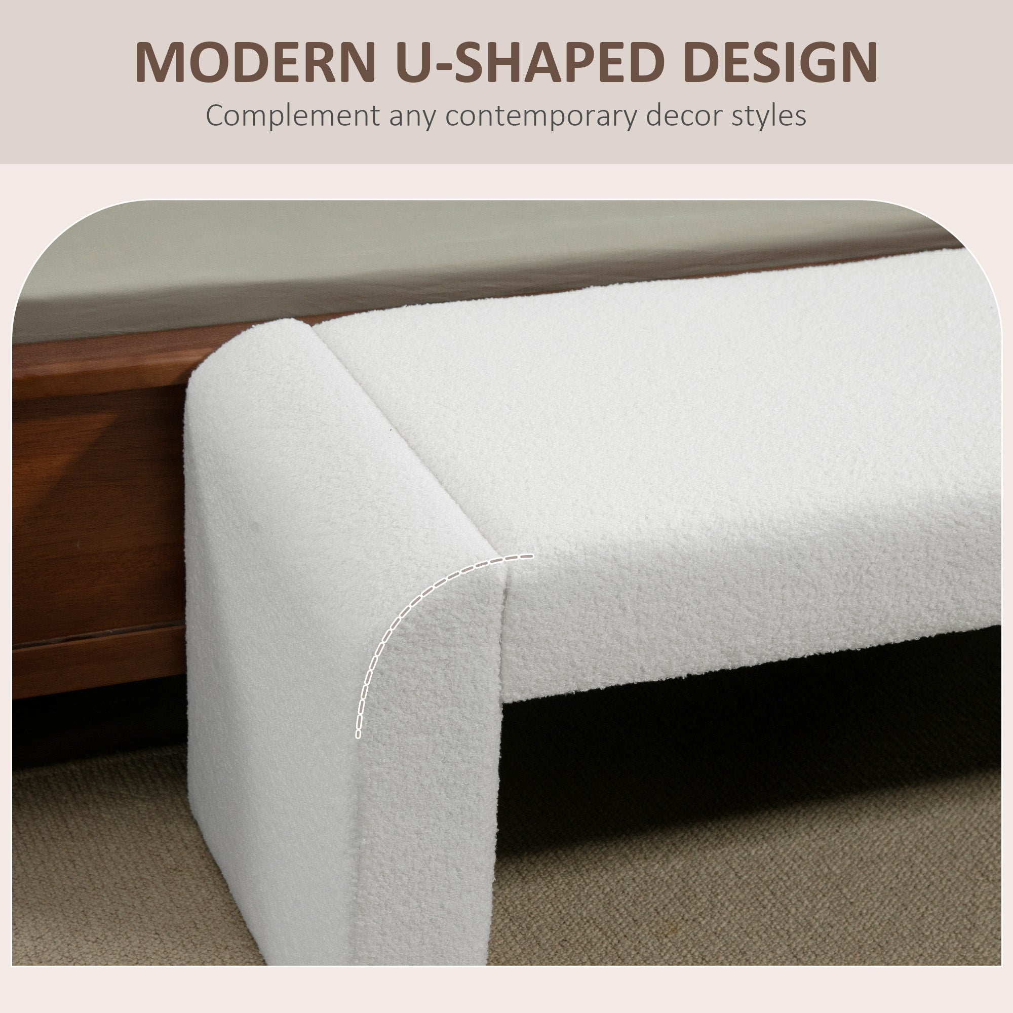 HOMCOM Upholstered Bedroom Bench, Boucle End of Bed Bench, Modern U-Shaped Entryway Bench, 47 x 18 x 18 Inches, White