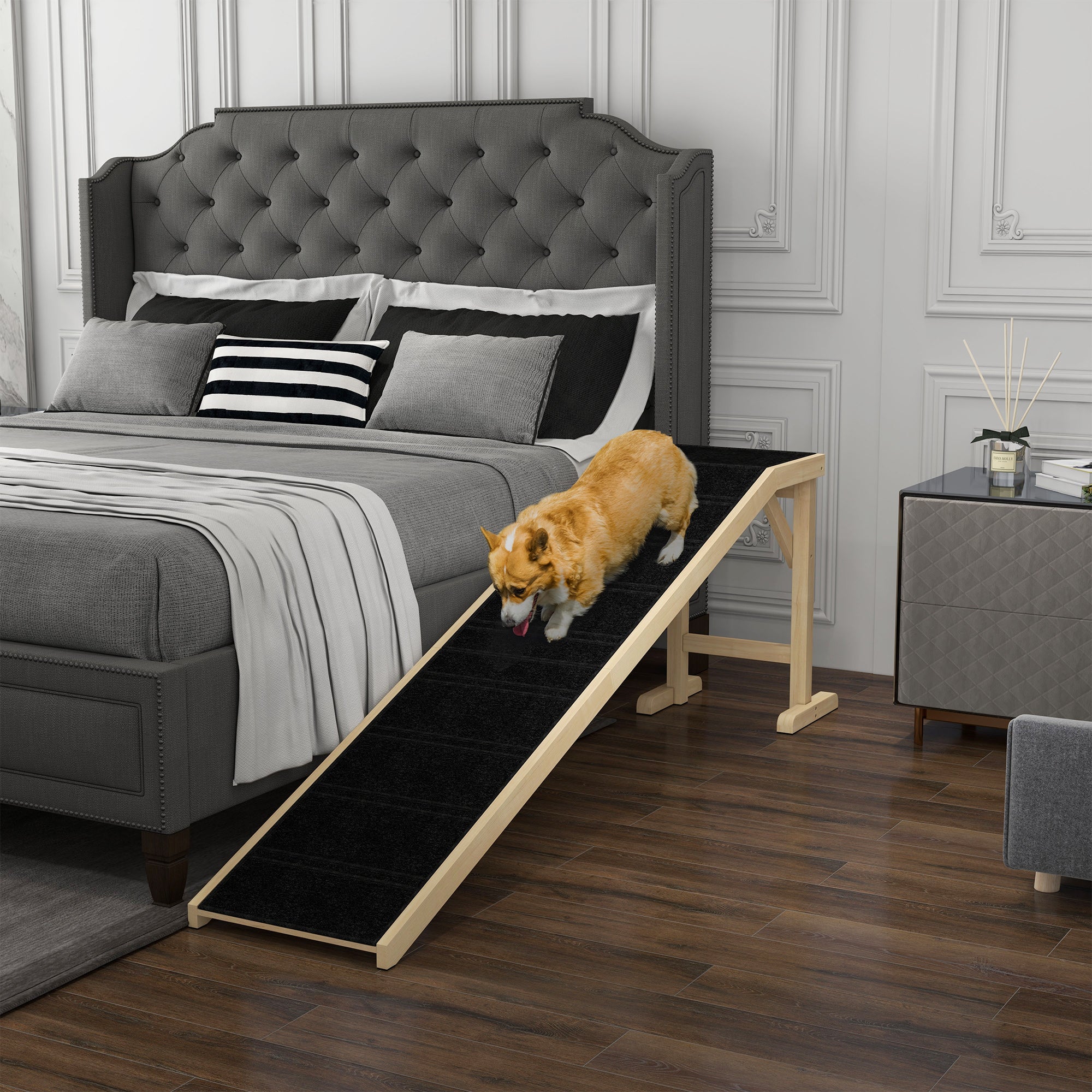 PawHut Pet Ramp Bed Steps for Dogs Cats Non-slip Carpet 74"L x 16"W x 25"H Natural