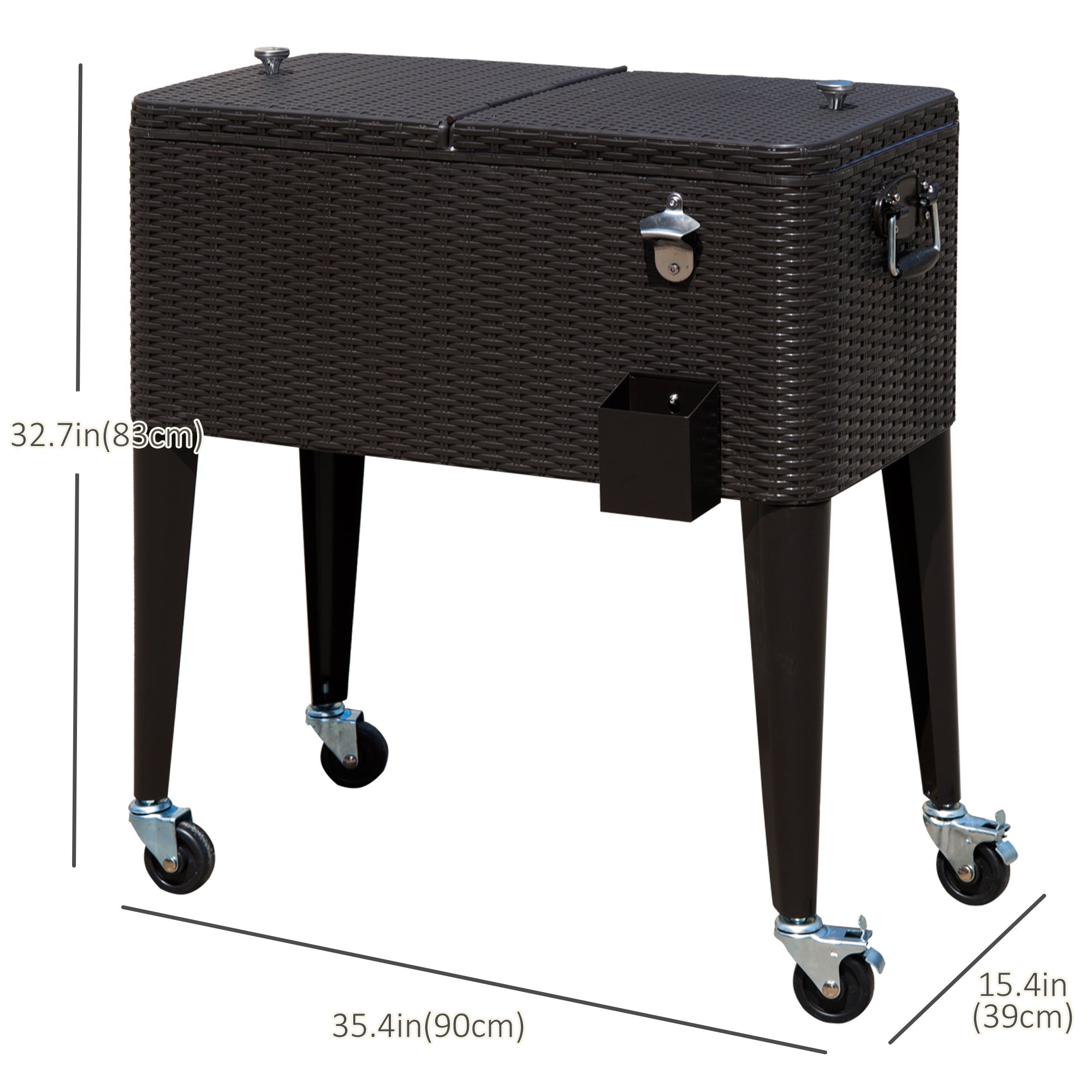 Outsunny 80 Quart Rattan Rolling Cooler Cart Portable Patio Ice Beer Beverage Cooling Bin for Outdoor Party w/ Bottle Opener, Brown Wicker