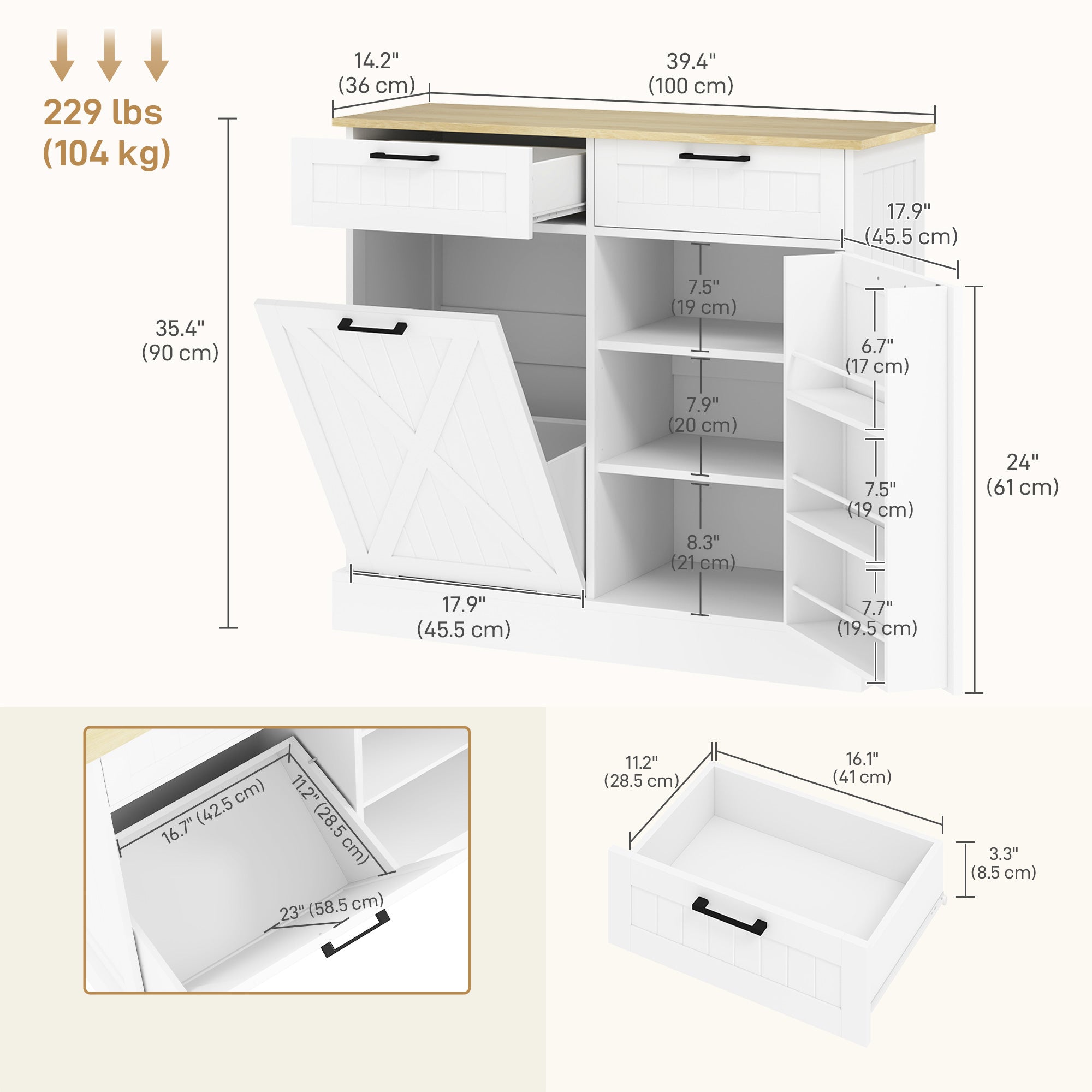 HOMCOM 10 Gallon Hidden Garbage Bin Cabinet, Tilt Out Trash Cabinet w/ 2 Drawers, Freestanding Kitchen Island, White