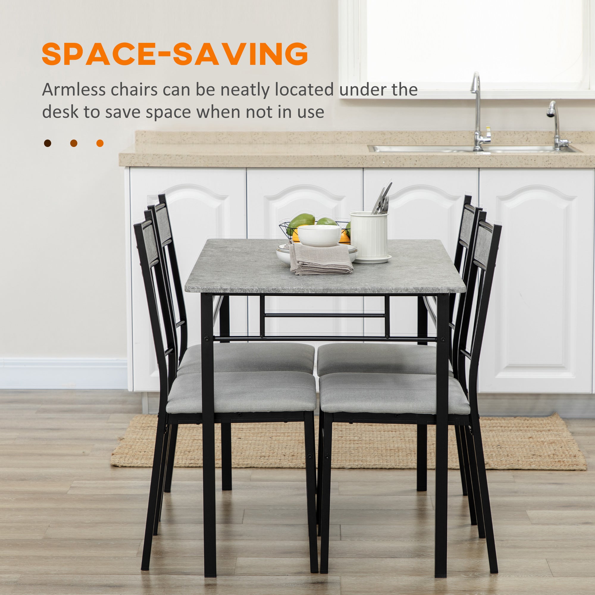 HOMCOM 5 Pieces Diner Tables Dining Room Sets for 4 People with Marble Effect Tabletop Padded Chairs and Metal Frame Grey