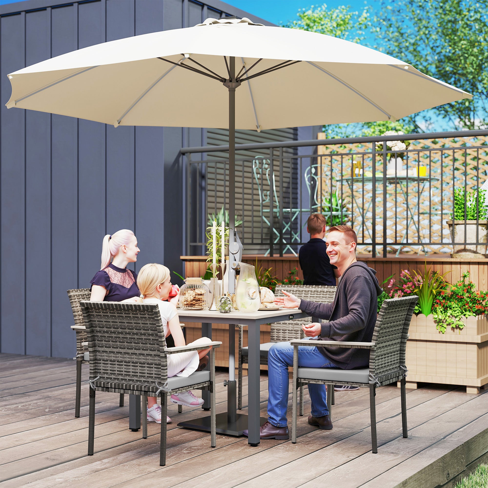 Outsunny 5 Pieces Wicker Outdoor Furniture Set, Rattan Patio Dining Set with Cushions, Umbrella Hole for Garden Backyard, Grey