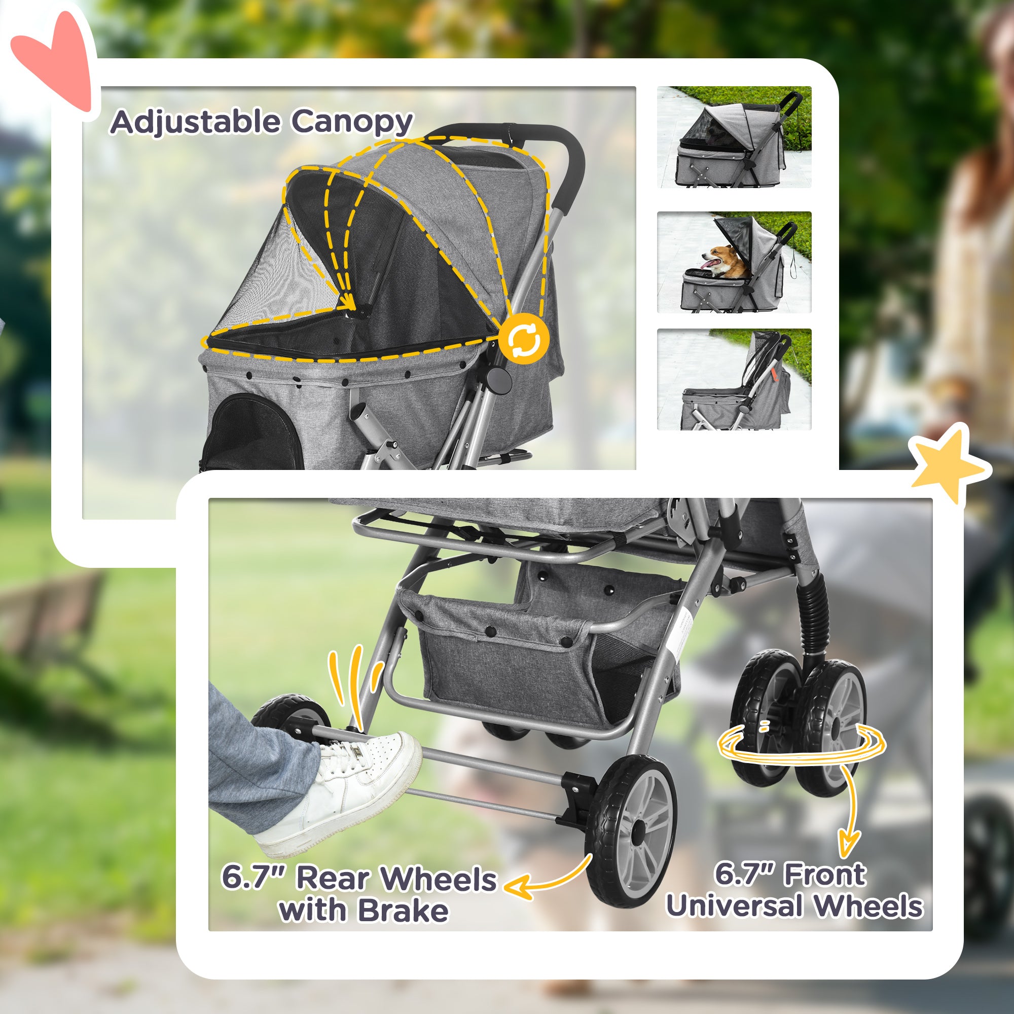 PawHut 4 Wheels Pet Stroller w/ Reversible Handle, Foldable Dog Cat Travel Carriage w/ EVA Wheels Basket Storage Bag 3-stage Canopy Grey