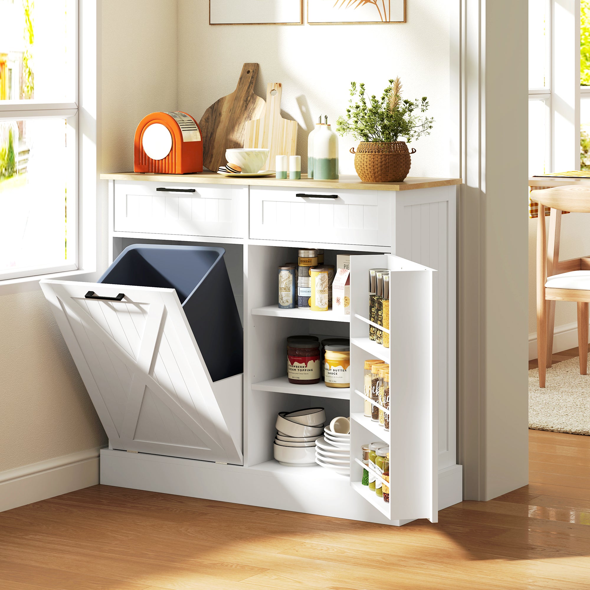 HOMCOM 10 Gallon Hidden Garbage Bin Cabinet, Tilt Out Trash Cabinet w/ 2 Drawers, Freestanding Kitchen Island, White