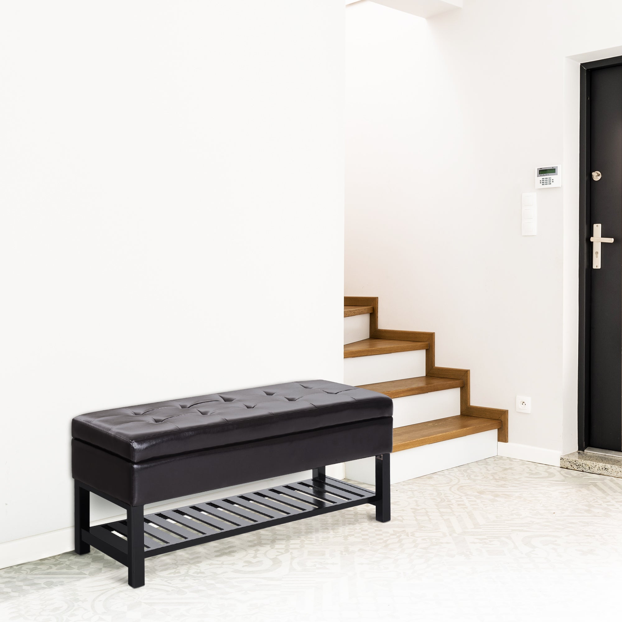 HOMCOM 44" PU Leather Tufted Ottoman Shoe Bench Storage Chest Hallway Brown