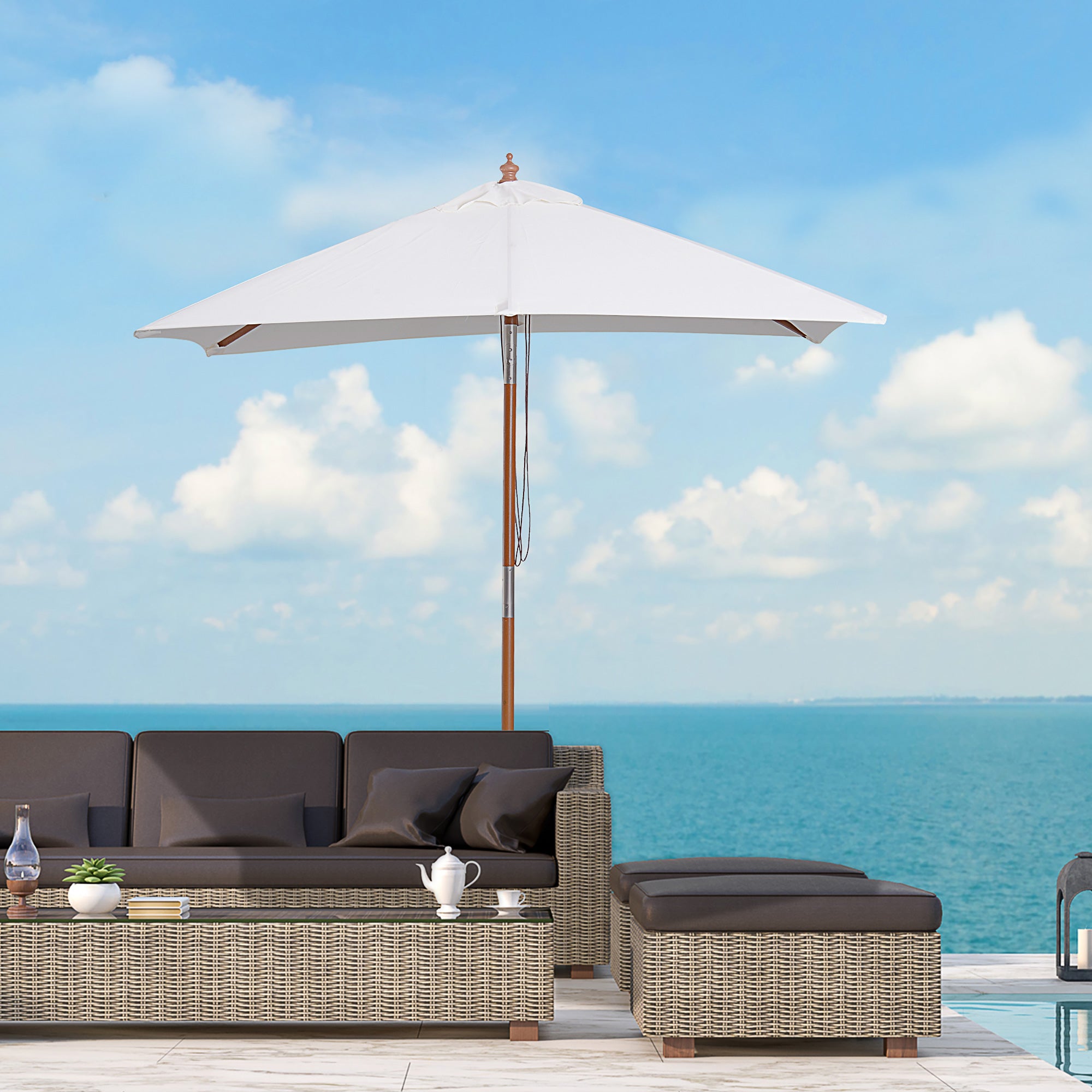Outsunny 6.6x5ft Fir Wooden Patio Umbrella Square Market Parasol Tilt Mechanism 6 Ribs Garden Sunshade, Cream White
