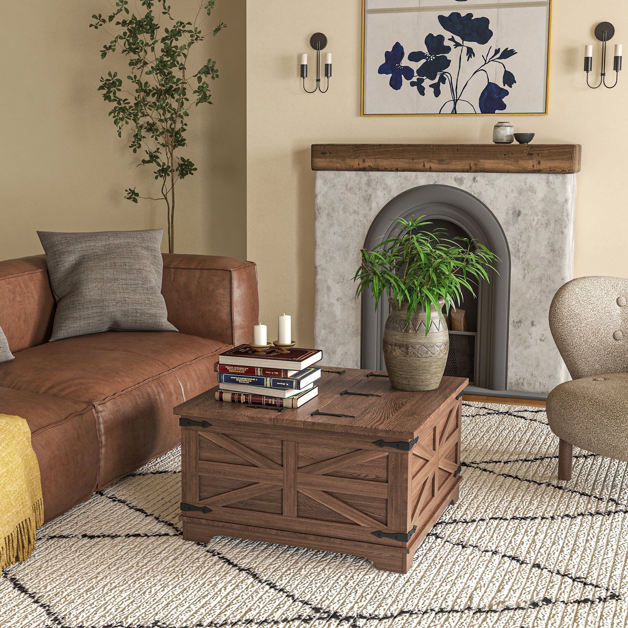 HOMCOM Farmhouse Coffee Table, Square Center Table with Flip-top Lids, Hidden Storage Compartment, Brown