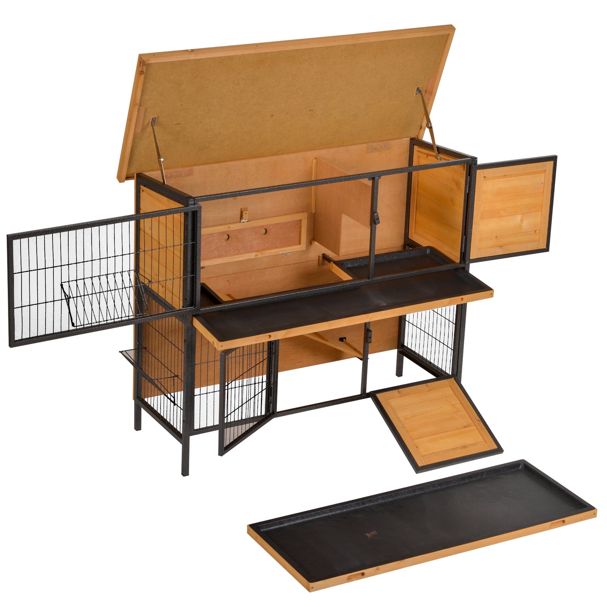 PawHut 48" 2-Floor Large Rabbit Hutch Wooden Pet House Metal Frame Bunny Cage Small Animal Habitat with Ramp Feeding Trough Lockable Doors Run Area Asphalt Roof for Outdoor Use