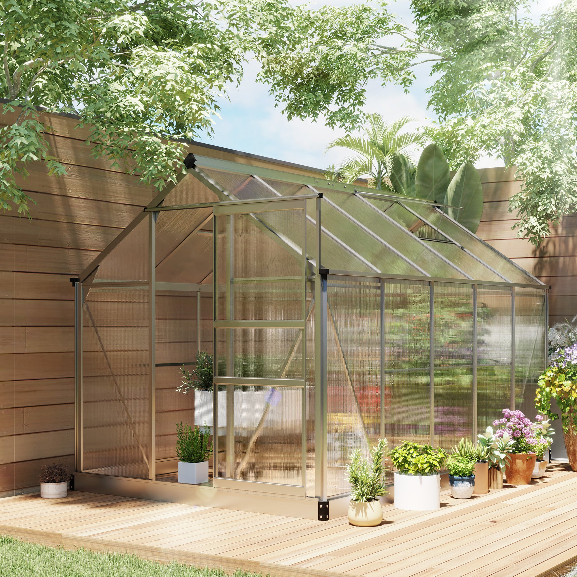 Outsunny 6' x 10' x 6.6' Polycarbonate Greenhouse, Walk-In Green House Kit Garden, Plants Grow, Galvanized Sheet Aluminum Frame with Rain Gutter, Vents and Sliding Door, Sliver