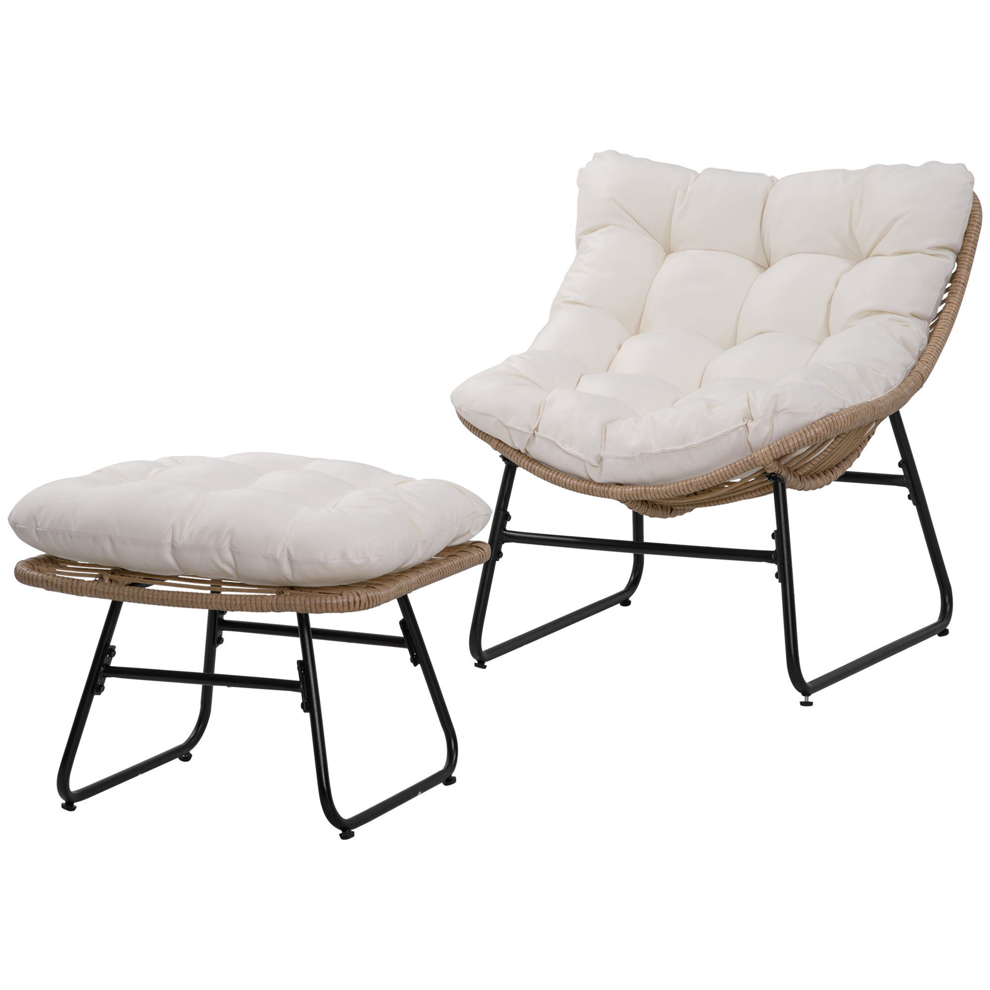 Outsunny Rattan Chair w/ Stool, Cushion, Adjustable Foot Pads, Natural