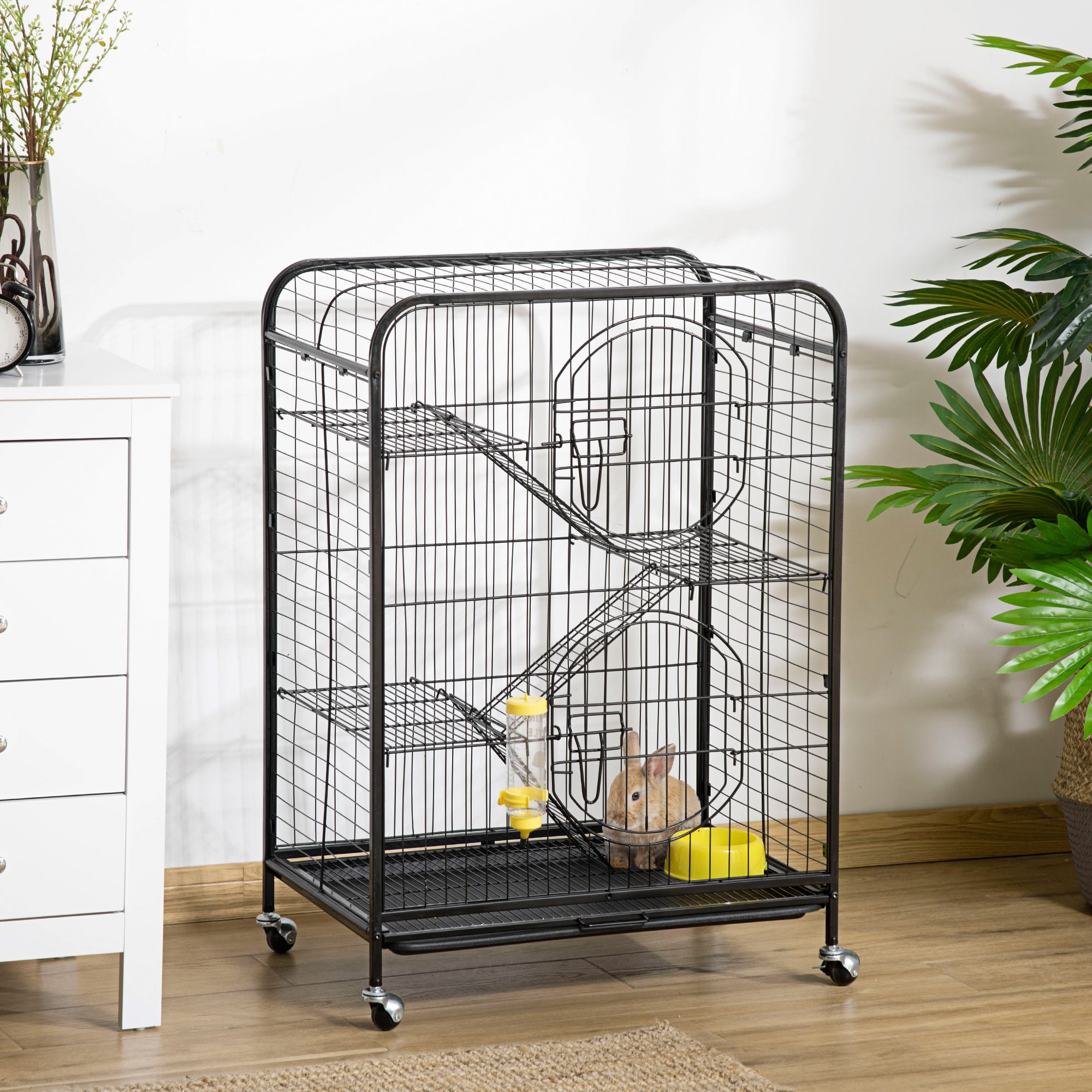 PawHut Rolling Small Animal Cage 36.6" Pet Rabbit Ferret Playpen, Animal Supply Kit Metal Black for Bunny, Pet Mink, Chinchilla