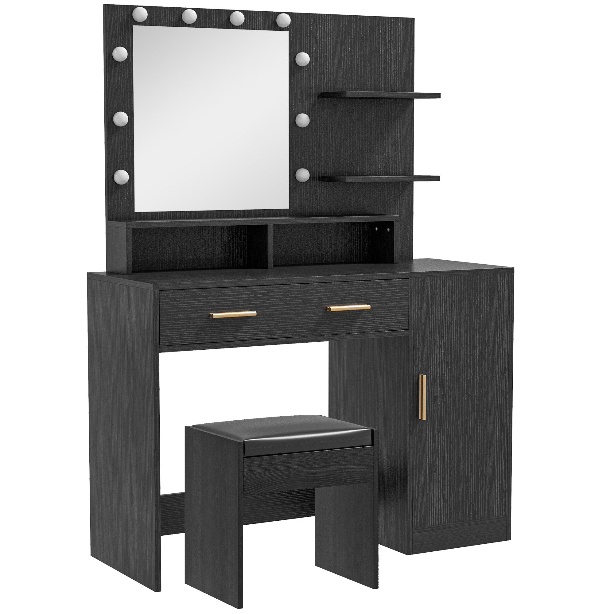 HOMCOM Illuminated Dressing Table Set, LED Vanity Table Set with Stool, LED Mirror, Drawer and Cabinet Shelves for Bedroom
