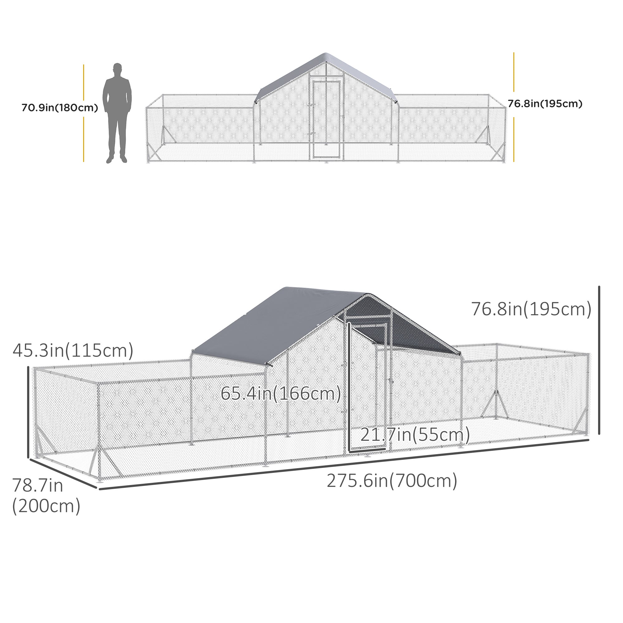 PawHut Chicken Run, 23' x 6.6' Metal Chicken Coop with Waterproof and Anti-UV Cover, Spire Roof, Door, for 12-14 Chickens, Ducks, Rabbits, Sliver