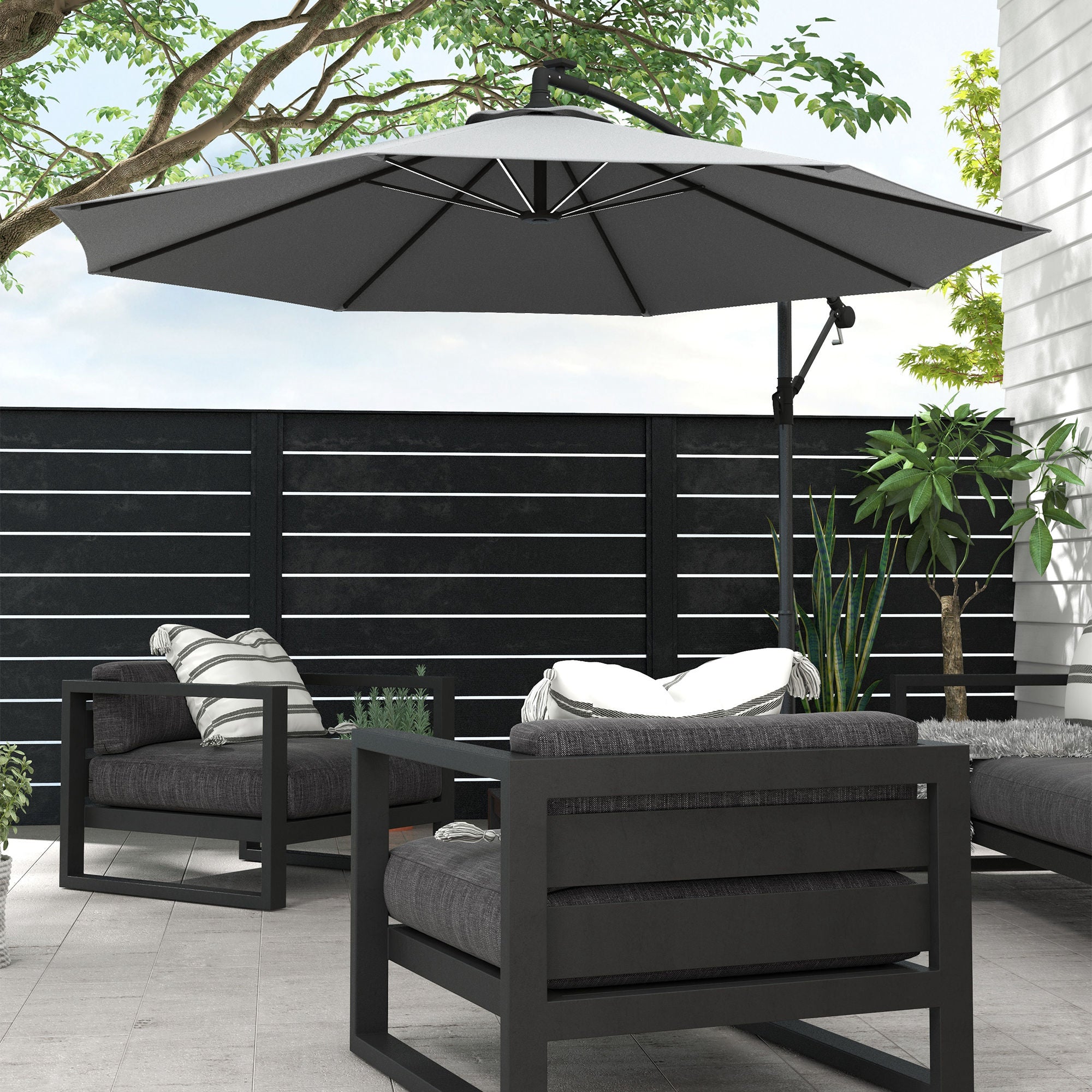 Outsunny 10ft Outdoor Cantilever Hanging Offset Umbrella with Solar LED Lights, Crank, Cross Base, Aluminum Frame, Grey