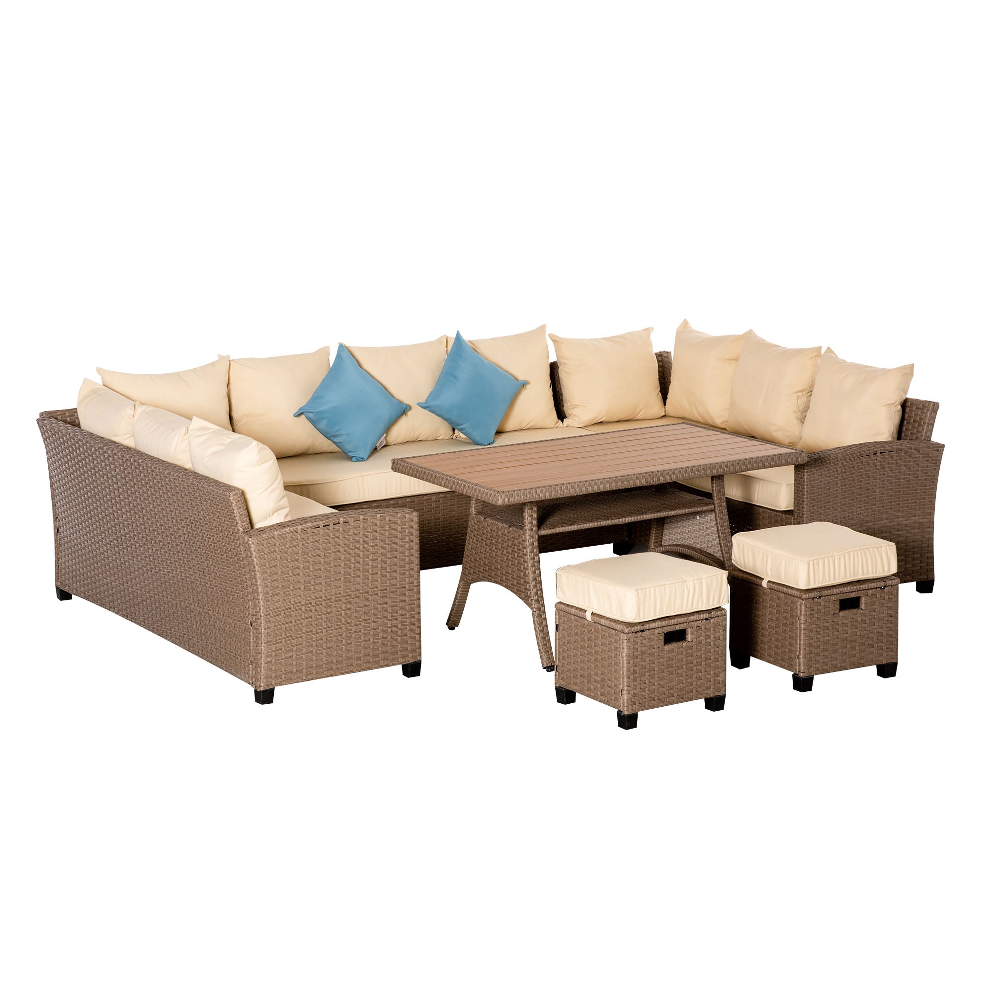 Outsunny 6 Pieces Patio Furniture Set, Outdoor Wicker Sofa Set, All Weather PE Rattan Conversation Furniture, with Strip Wood Grain Plastic Coffee Table & Cushions, Khaki