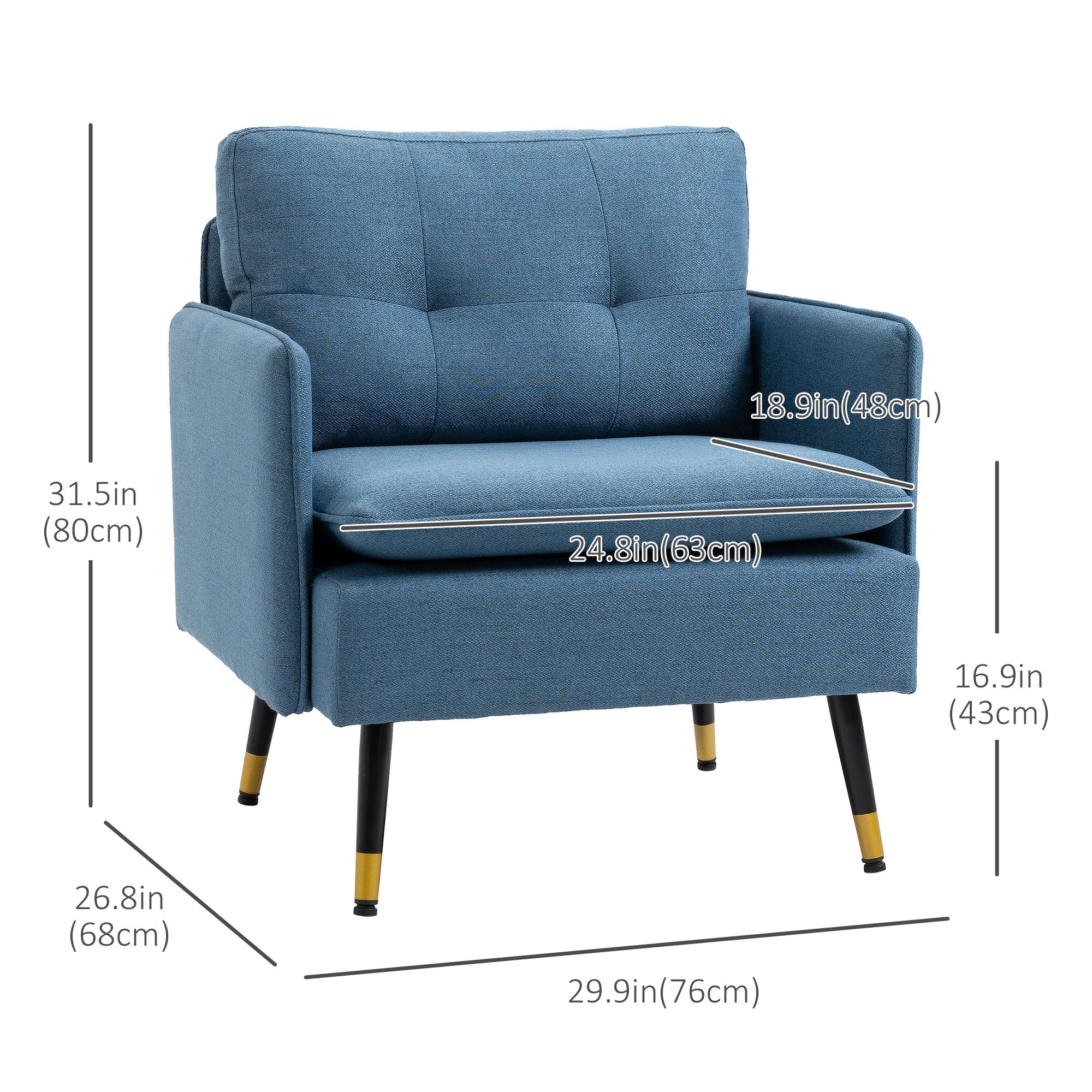 HOMCOM Modern Armchair, Upholstered Accent Chair with Tufted Back Cushion and Steel Legs for Living Room, Bedroom, Blue