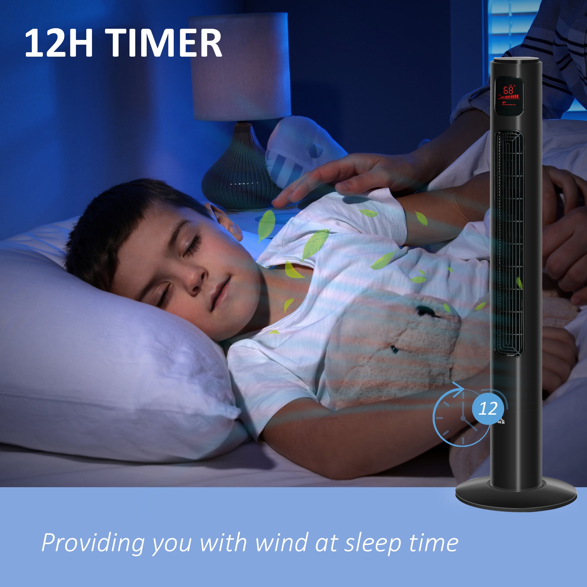 HOMCOM Freestanding Tower Fan Cooling for Home Bedroom with Oscillating, 3 Speed, 12h Timer, LED Sensor Panel, Remote Controller, Black