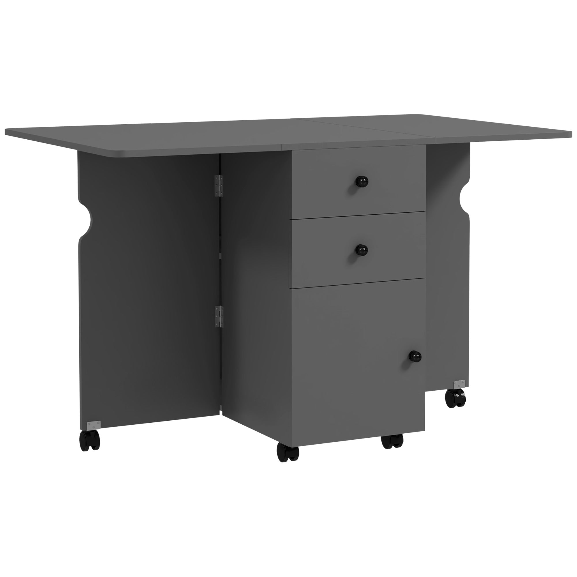 HOMCOM Extendable Dining Table, Drop Leaf Table with 2 Drawers, Cabinet and 6 Wheels for Small Spaces, Kitchen, Grey