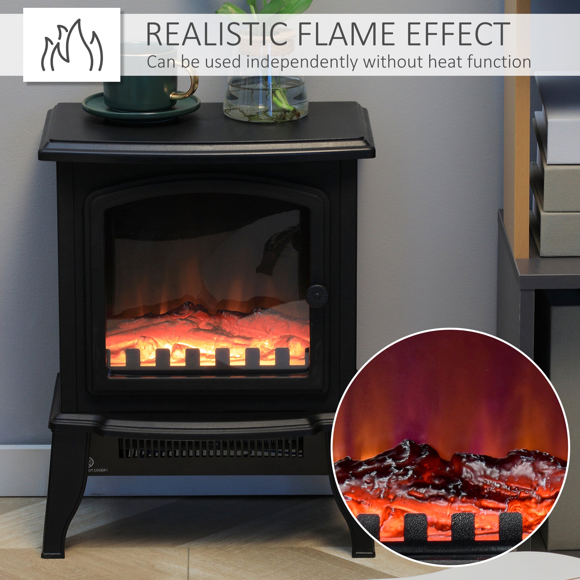 HOMCOM Electric Fireplace Heater, Freestanding Fireplace Stove with Realistic Flame Effect, Overheat Safety Protection, 750W/1500W, Black