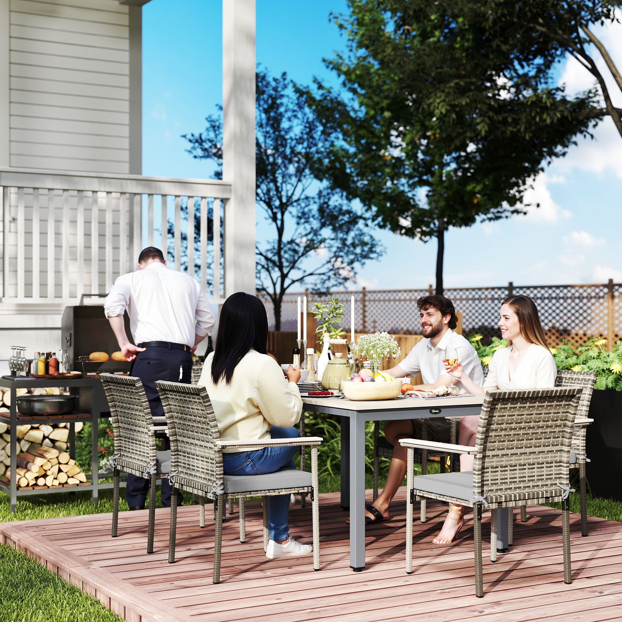 Outsunny 7 Pieces Wicker Outdoor Furniture Set, Rattan Patio Dining Set with Cushions, Umbrella Hole for Garden Backyard, Grey