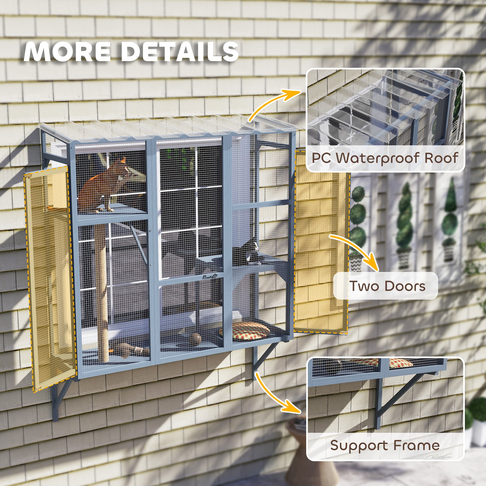 PawHut Wooden Catio Outdoor, Cat Window Box Enclosure for 2-3 Large Cats with 2 Jumping Platforms & Scratching Post, Grey
