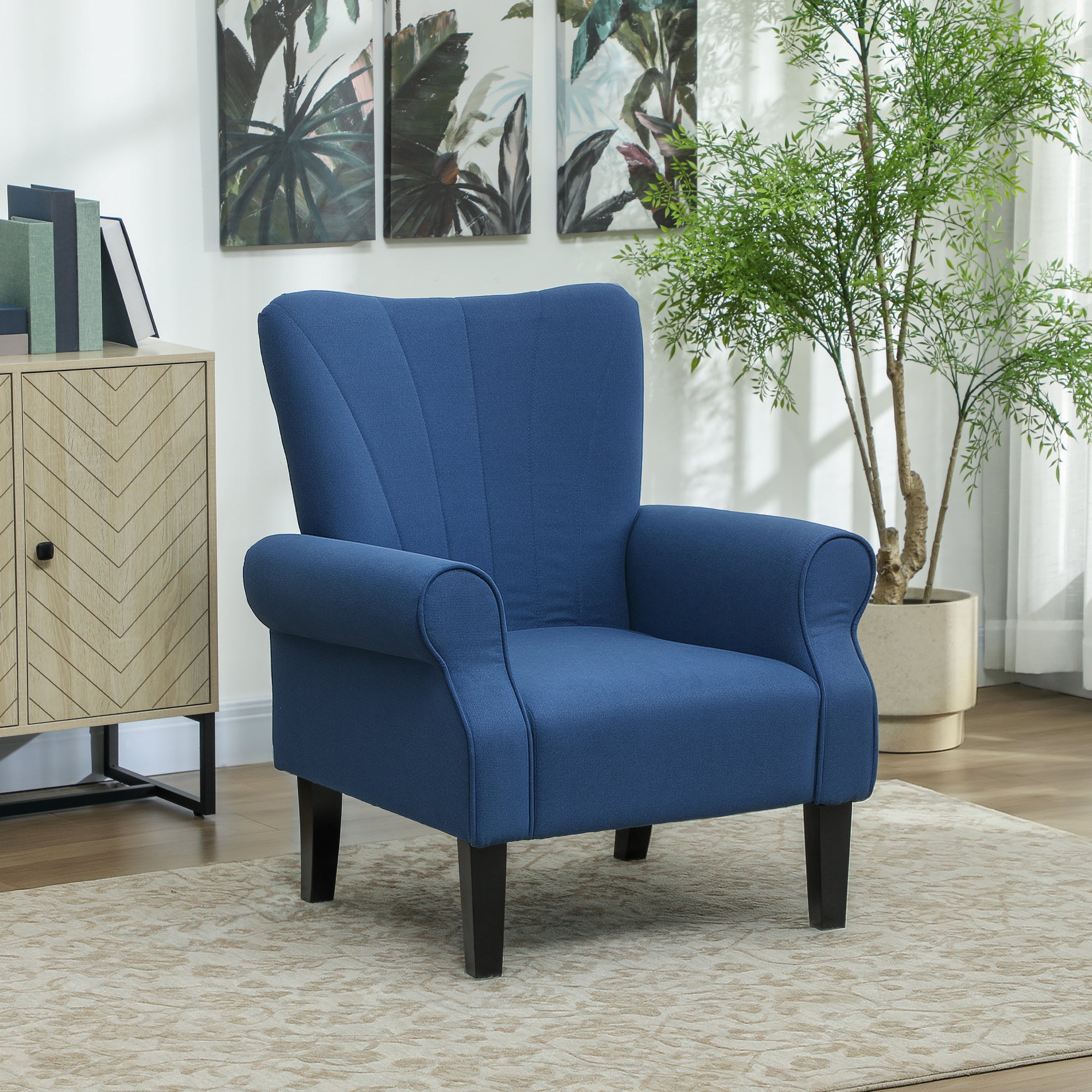 HOMCOM Fabric Armchair, Modern Accent Chair with Wood Legs for Living Room, Bedroom, Home Office, Dark Blue
