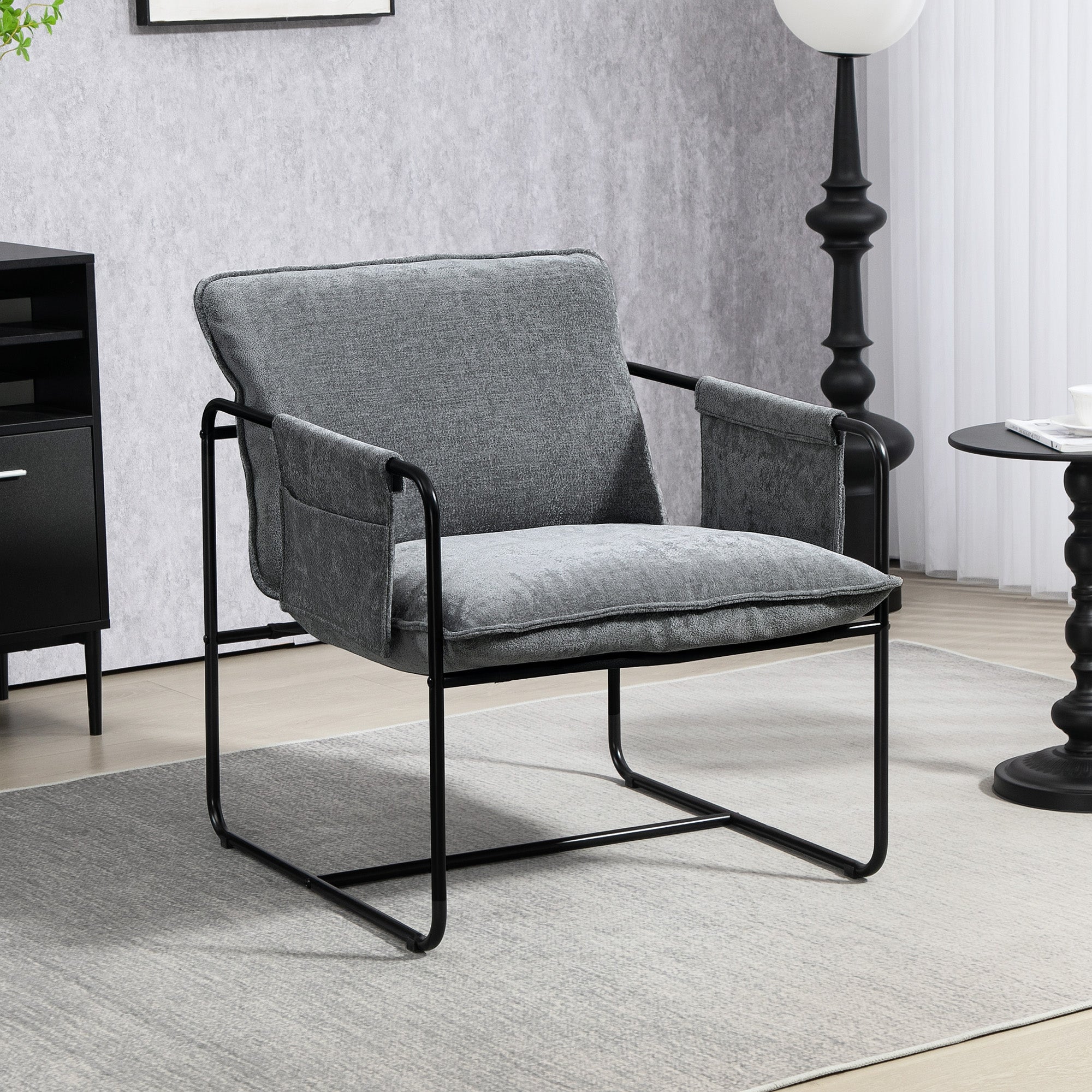 HOMCOM Modern Accent Chair, Upholstered Armchair with Side Pockets and Steel Frame, Comfy Reading Chair for Bedroom, Grey