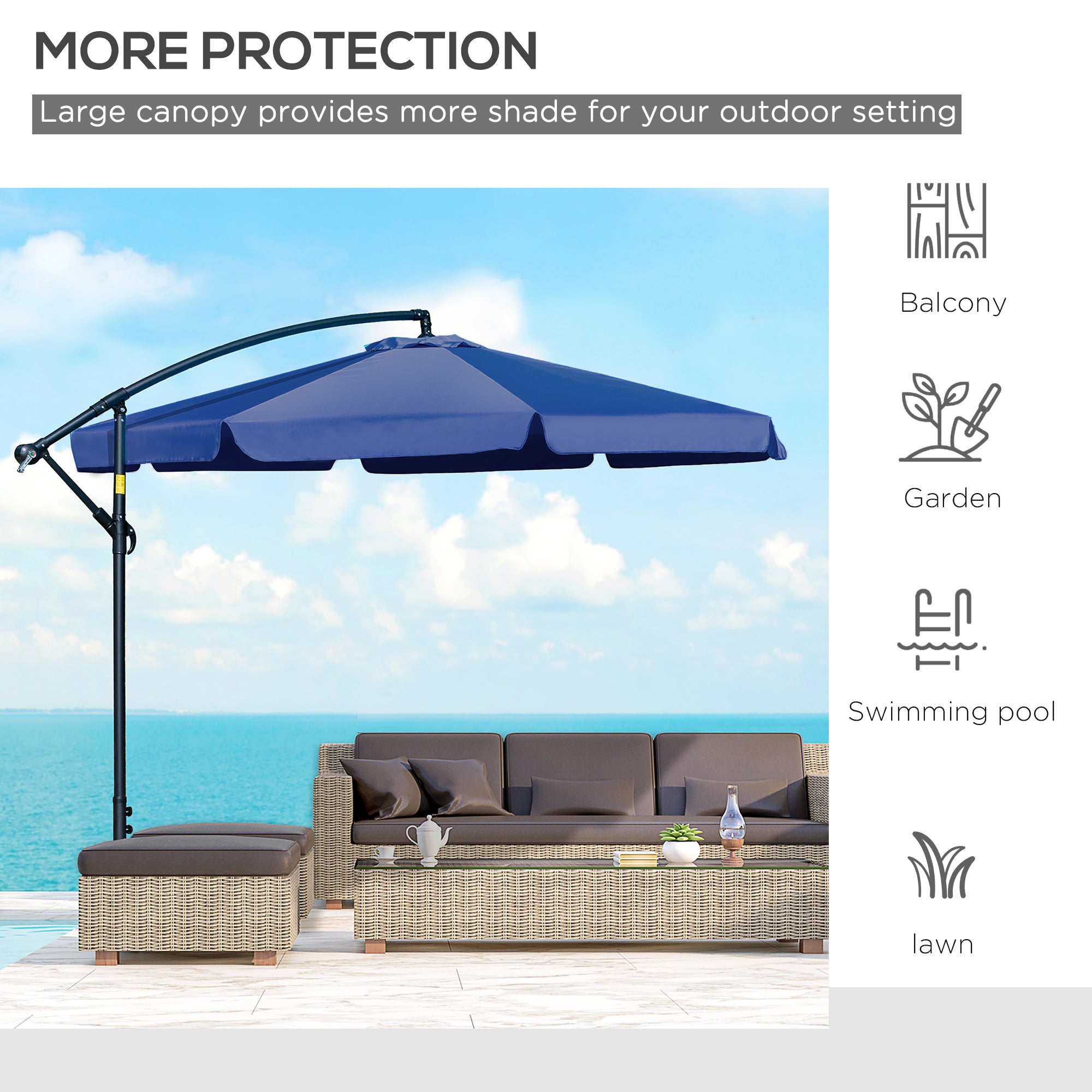 Outsunny 11FT Offset Hanging Patio Umbrella Cantilever Umbrella with Easy Tilt Adjustment, Cross Base and 8 Ribs for Backyard, Poolside, Lawn and Garden, Blue