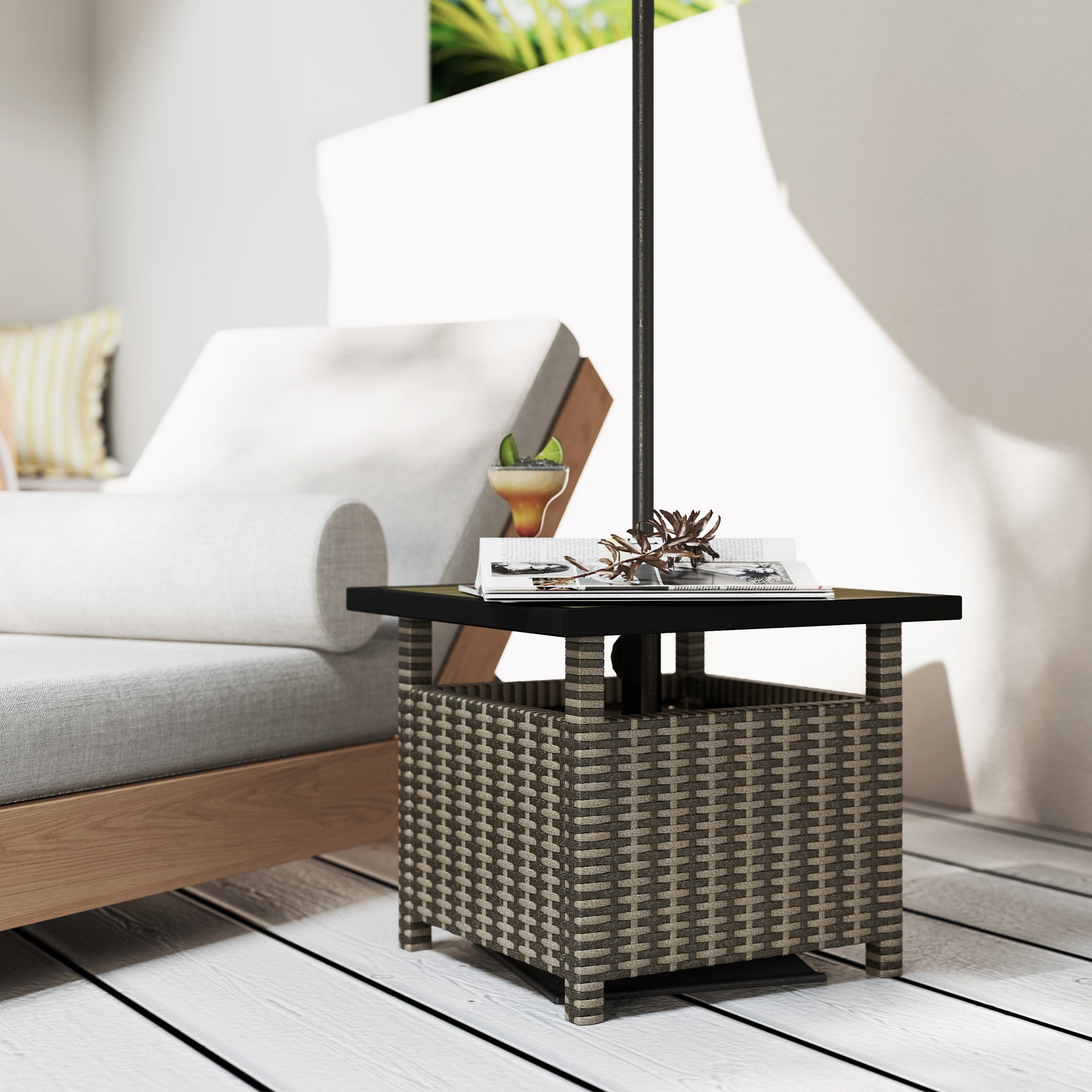Outsunny 22" Square Steel PE Rattan Wicker Table With Umbrella Hole, Outdoor Patio Accent Dining Side Table Used as Umbrella Stand, Mixed-Grey