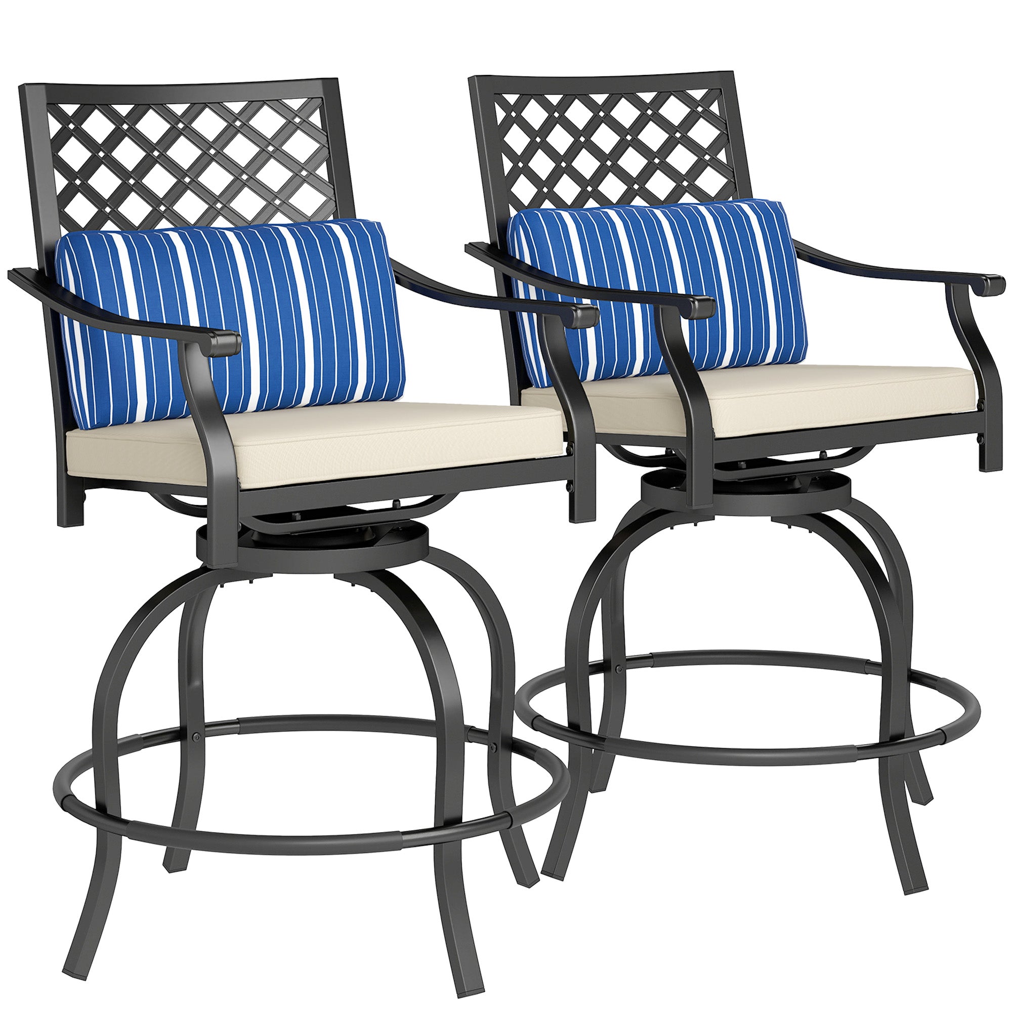 Outsunny Outdoor Bar Stools Set of 2, Bar Height Swivel Patio Chairs with Cushion, Pillow Footrest for Poolside, Backyard