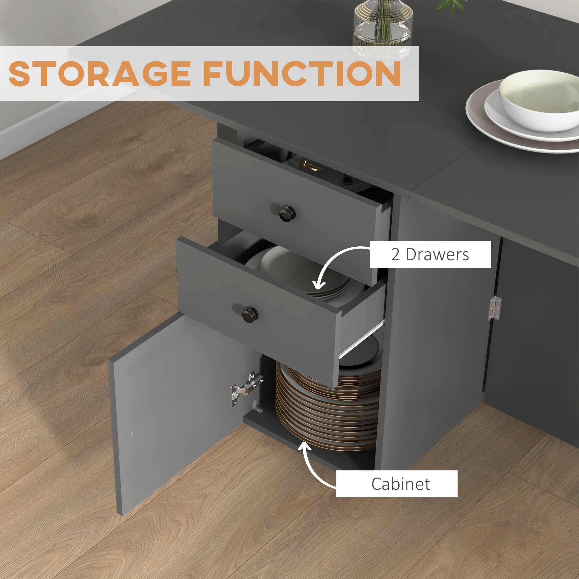HOMCOM Extendable Dining Table, Drop Leaf Table with 2 Drawers, Cabinet and 6 Wheels for Small Spaces, Kitchen, Grey