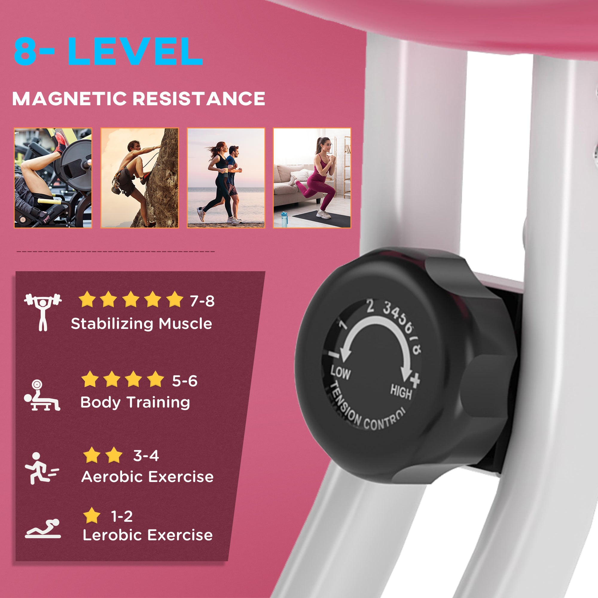 Soozier Foldable Indoor Stationary Bike with 8 Levels of Magnetic Resistance, Exercise Bike for Cardio Workout, Pink