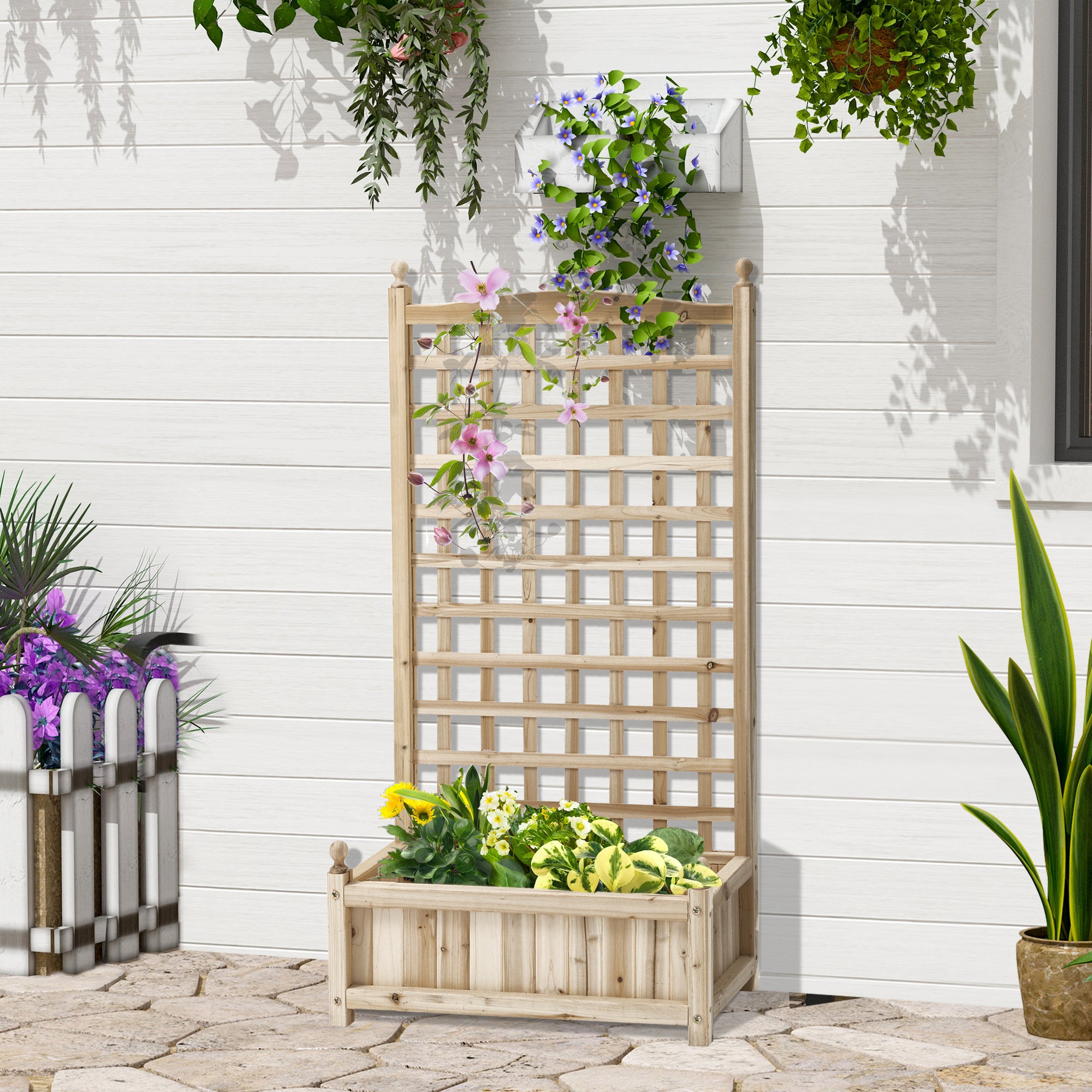 Outsunny Raised Garden Bed with Trellis, Wood Planter Box for Garden, Free Standing Flower Bed, 25.2" x 11" x 47.2" Natural Wood