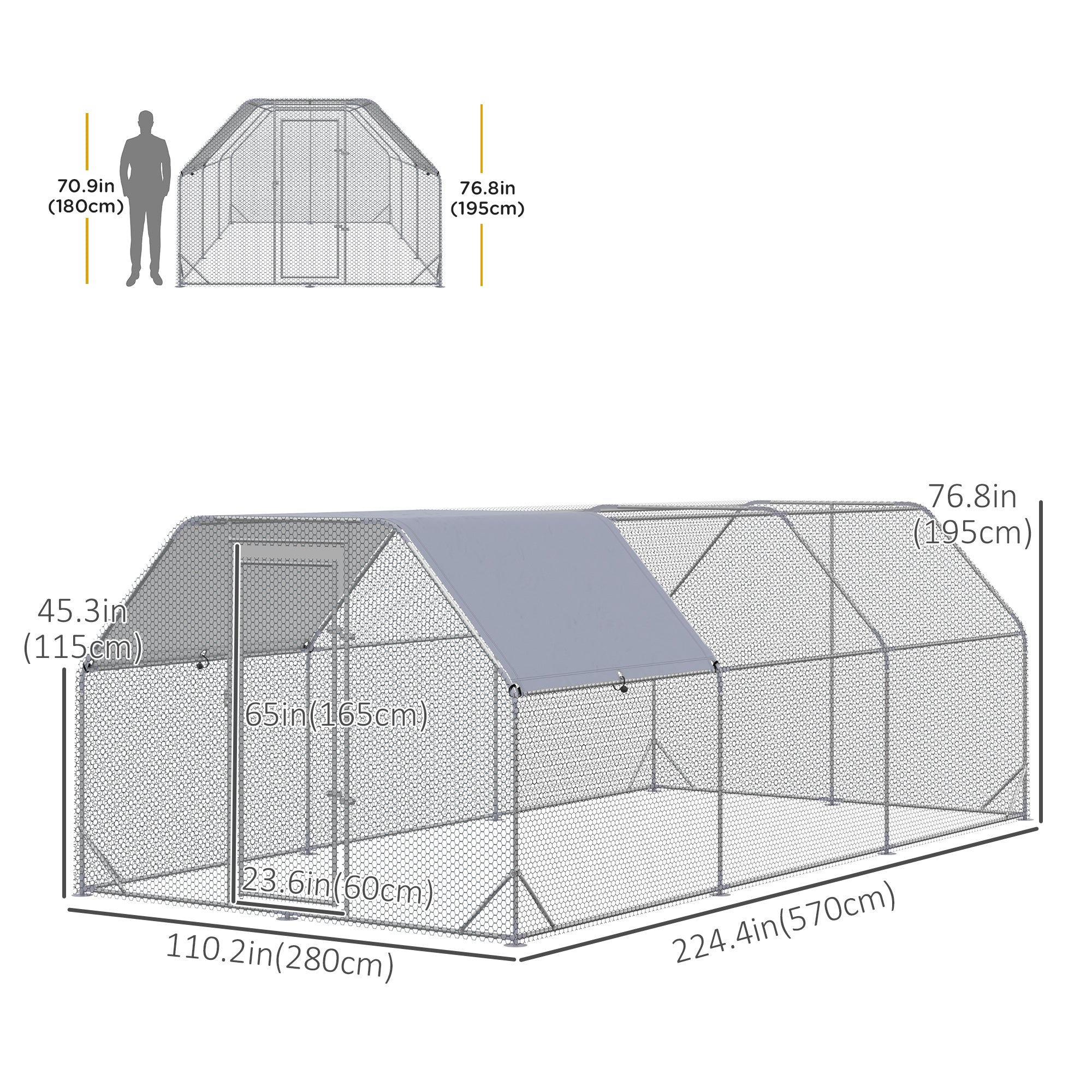 PawHut Chicken Run, Galvanized Large Metal Chicken Coop Cage, Walk-in Enclosure Poultry Hen Run House Playpen Rabbit Hutch with Flat Roof, Cover, for Outdoor Backyard, 9.2' x 18.7' x 6.5', Silver