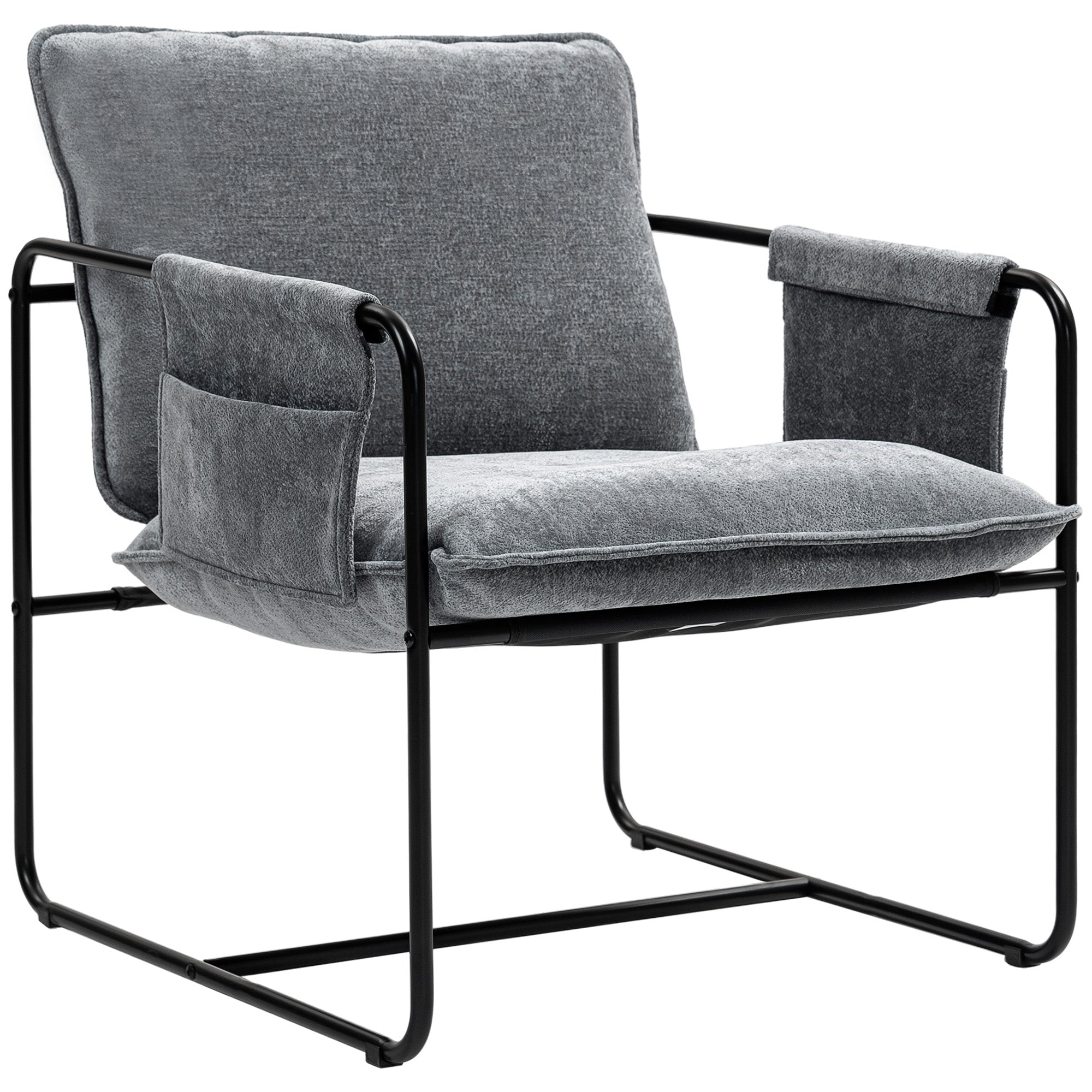 HOMCOM Modern Accent Chair, Upholstered Armchair with Side Pockets and Steel Frame, Comfy Reading Chair for Bedroom, Grey