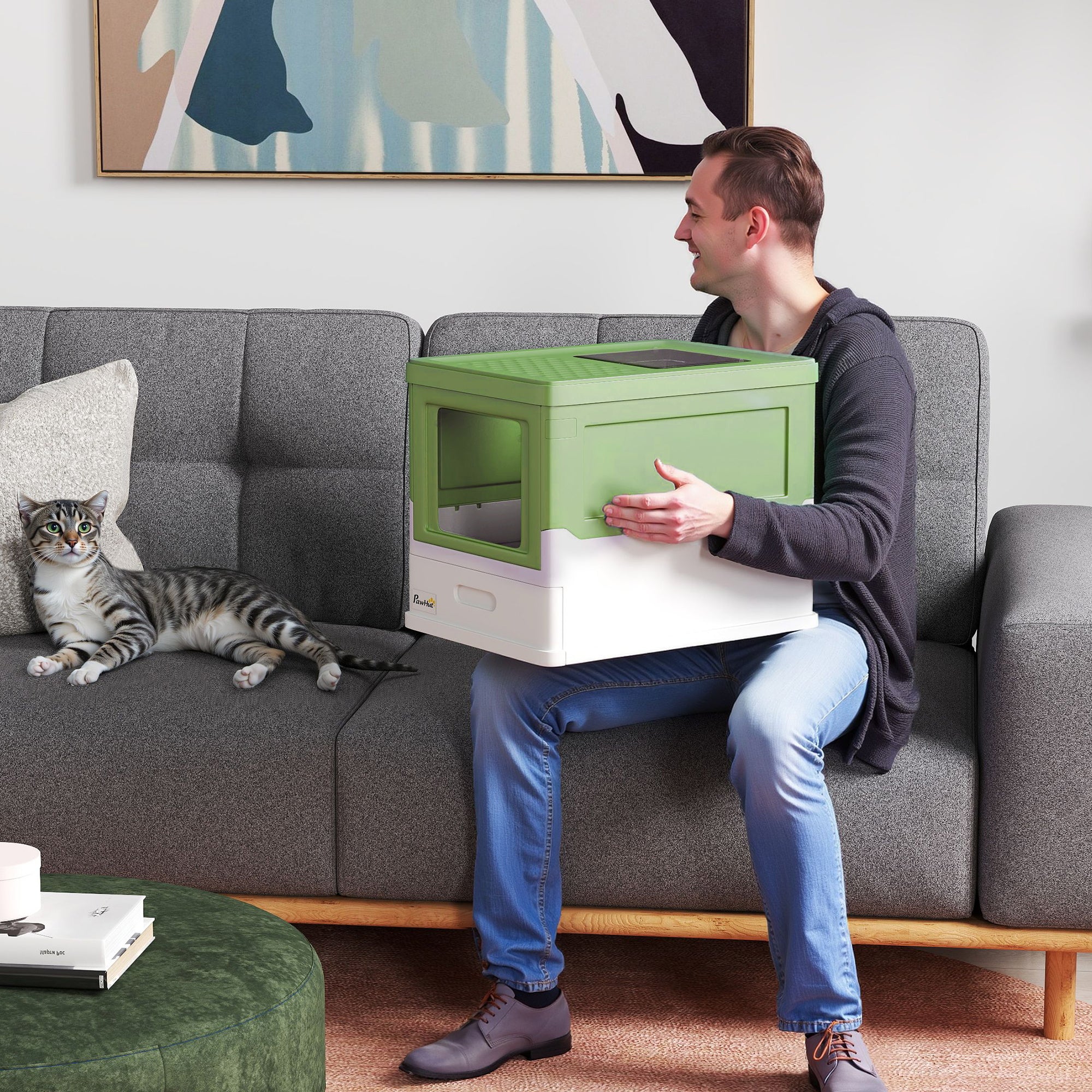 PawHut Top Entry Enclosed Kitty Litter Box with Scoop, Tray, Front Entry, Large Space, Foldable, Portable, Dark Green