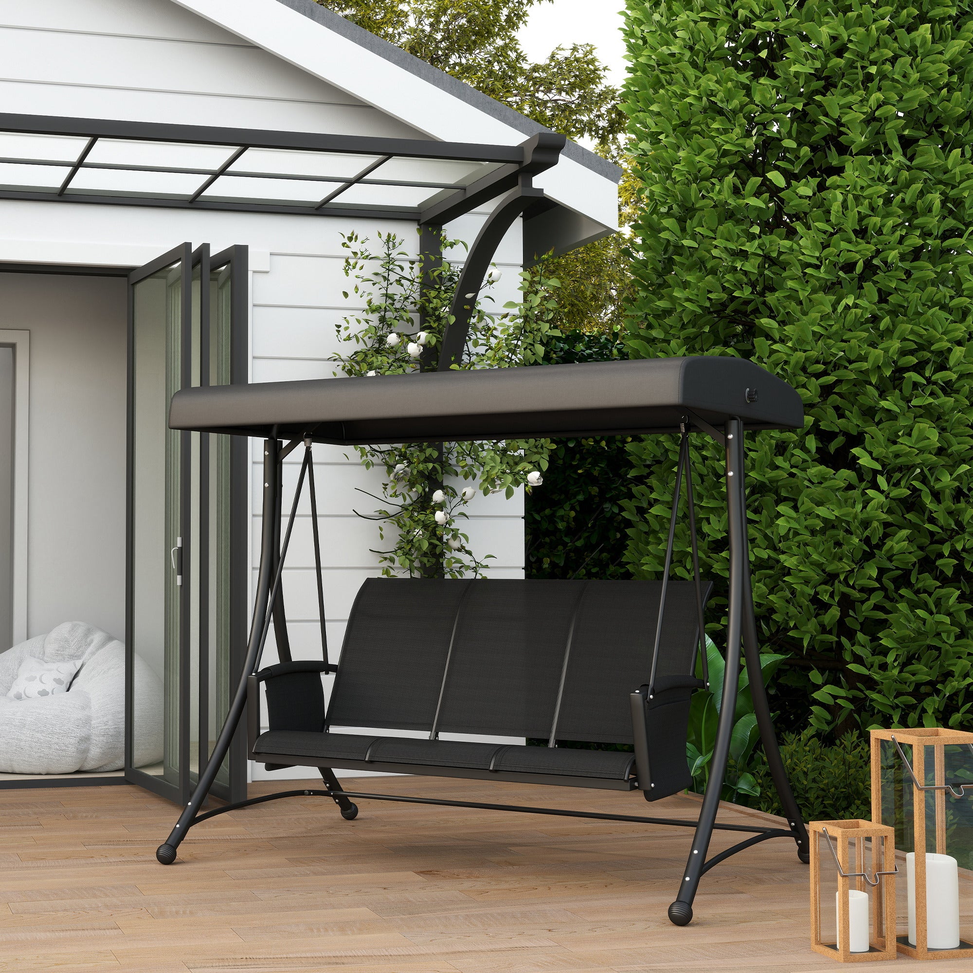 Outsunny 3 Person Outdoor Porch Swing Chair with Adjustable Canopy, Black