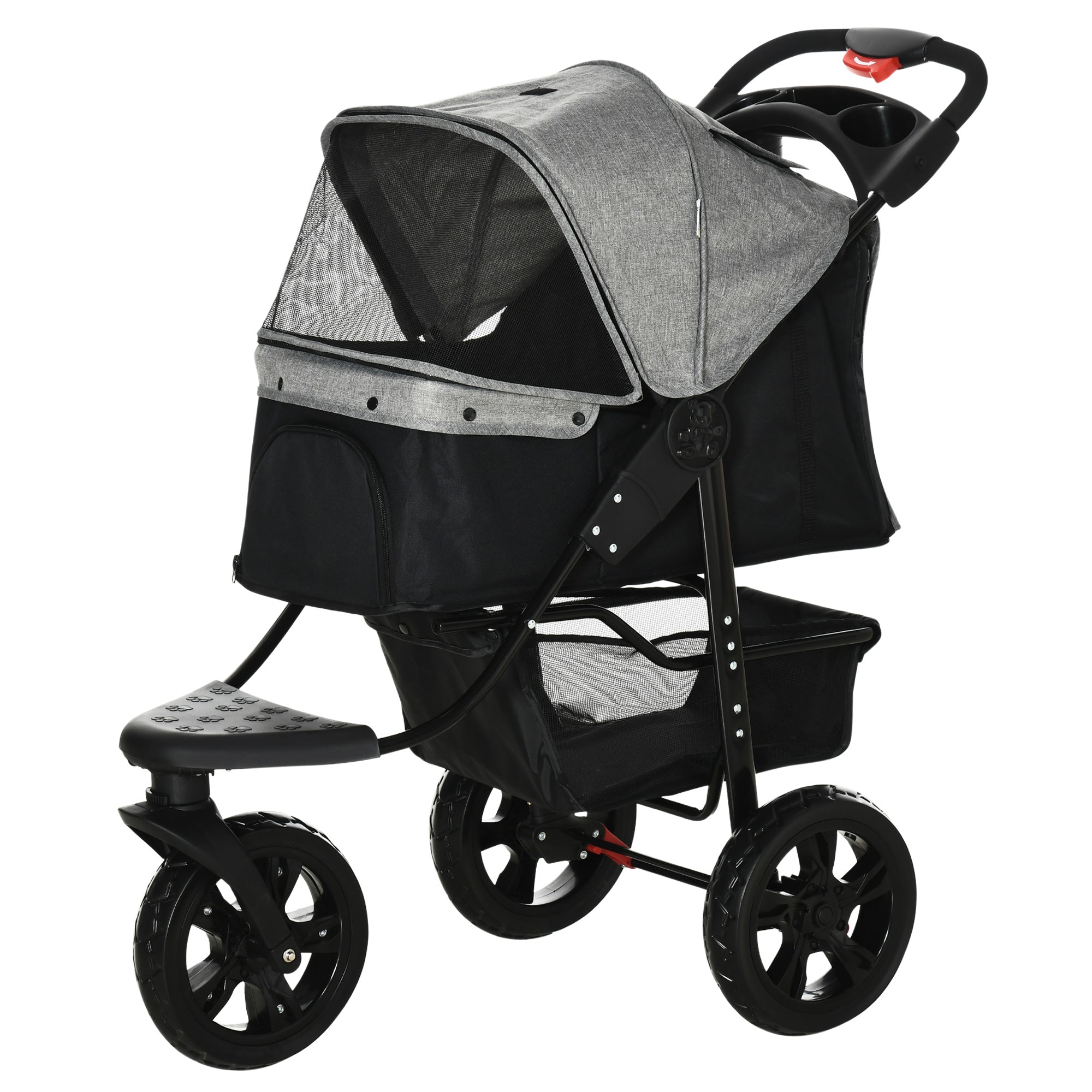 PawHut 3 Wheel Folding Dog Stroller, Jogger Travel Carrier with Adjustable Canopy, Storage Brake, Mesh Window for S&M Dogs Grey