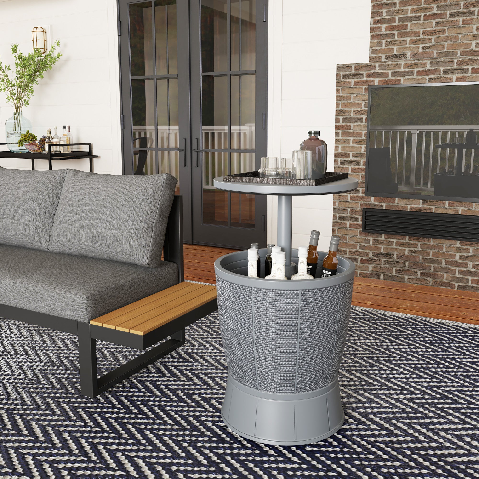 Outsunny 11 Gallon Patio Cooler Side Table, 3-in-1 Outdoor Cool Bar Table with Height Adjustable Top, Drainage Plug, Grey