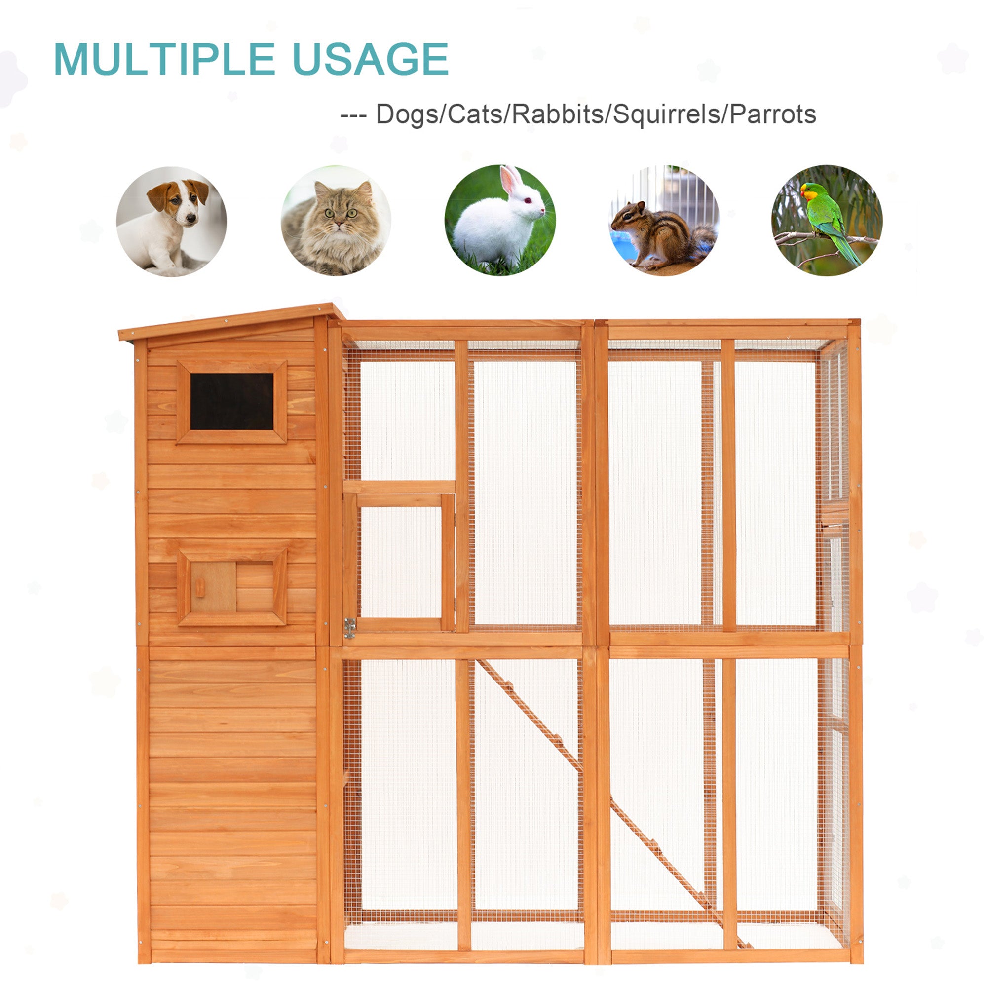 PawHut Large Wooden Outdoor Cat House with Large Run for Play, Catio for Lounging, and Condo Area for Sleeping, Natural