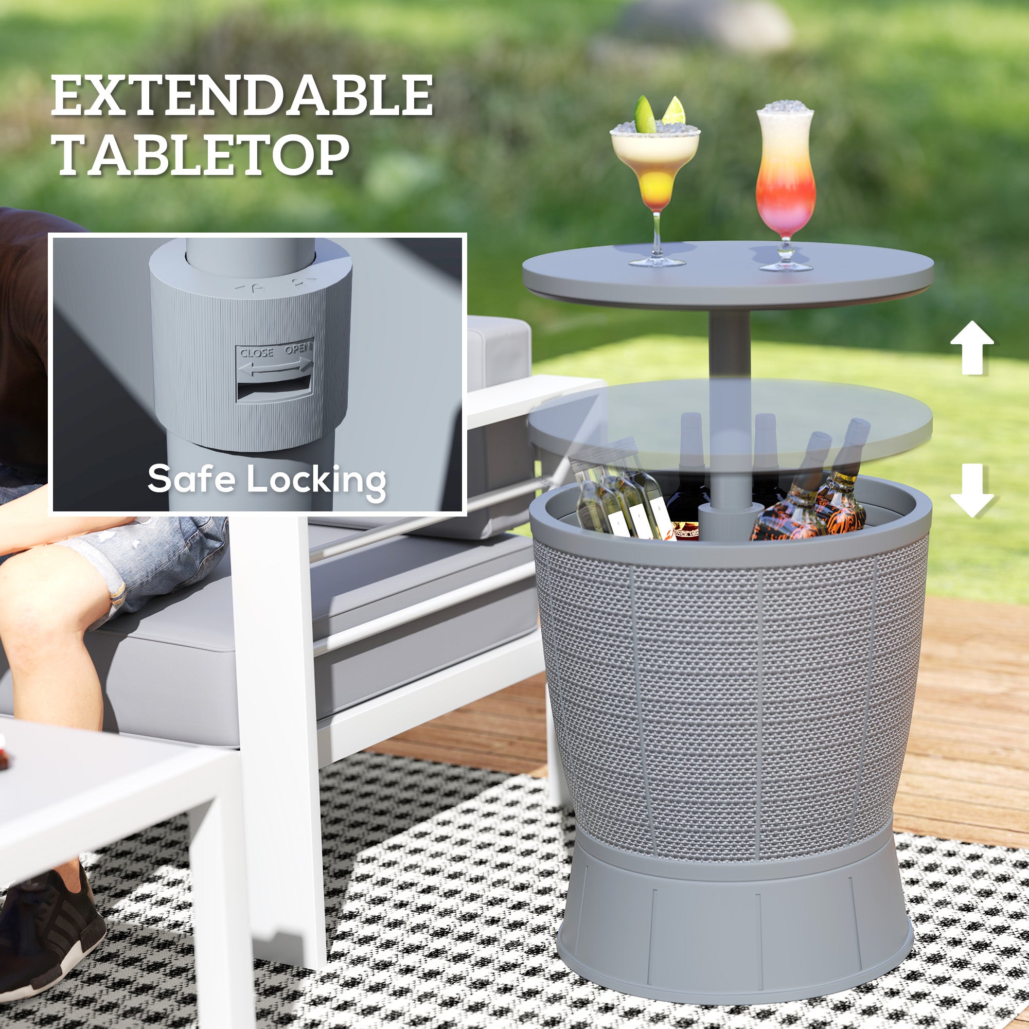 Outsunny 11 Gallon Patio Cooler Side Table, 3-in-1 Outdoor Cool Bar Table with Height Adjustable Top, Drainage Plug, Grey