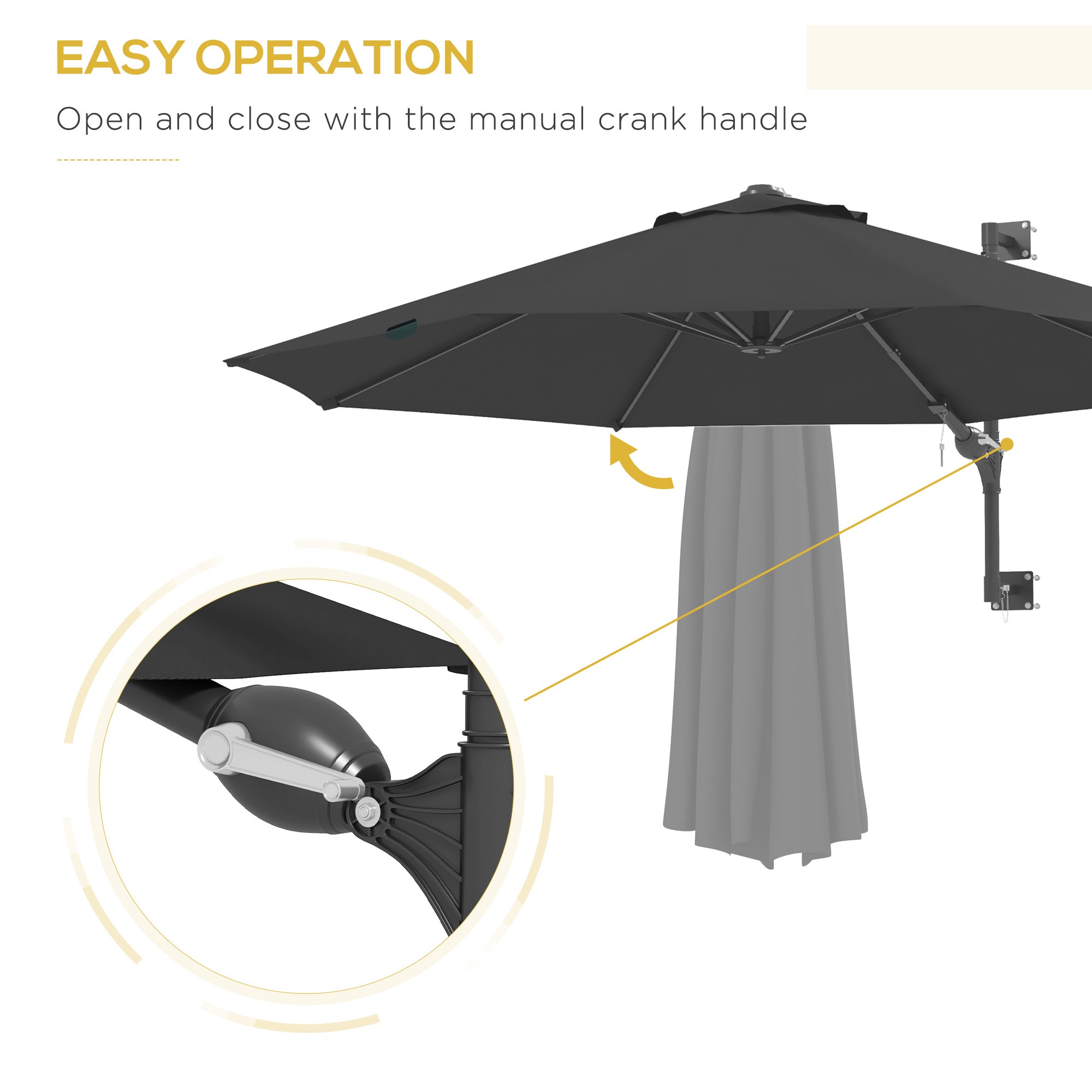 Outsunny 9.6 x 9.6 ft Wall Mounted Umbrella with Rotate, Patio Market Umbrella Parasol for Outdoor with Crank, Charcoal Grey