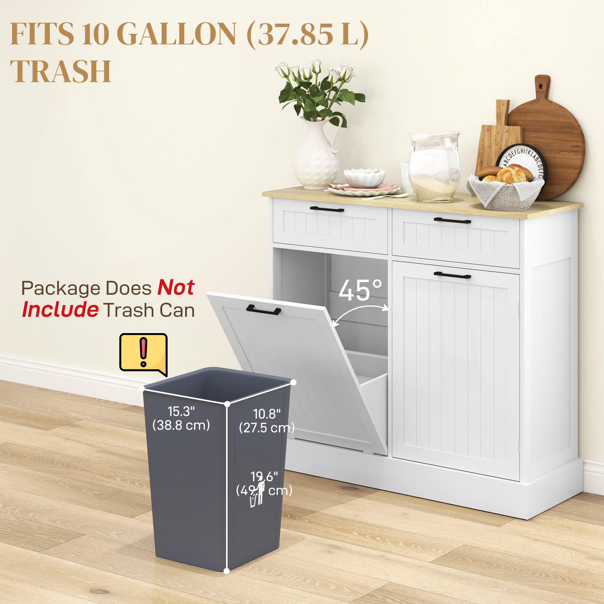 HOMCOM 10 Gallon Hidden Garbage Bin Cabinet, Tilt Out Trash Cabinet w/ 2 Drawers, Freestanding Kitchen Island, White