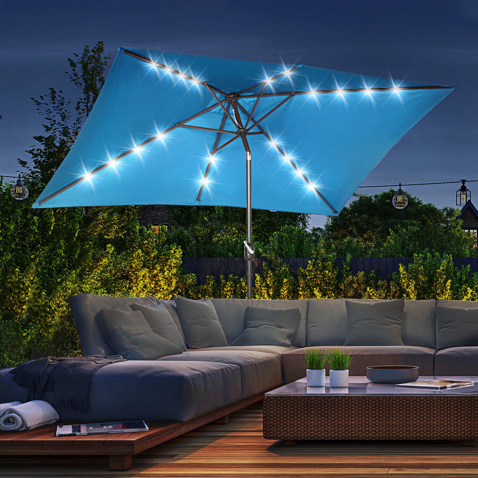 Outsunny 6.5x10ft Patio Umbrella Rectangle Solar Powered Tilt Aluminum Outdoor Market Parasol with LEDs Crank (Turquoise)