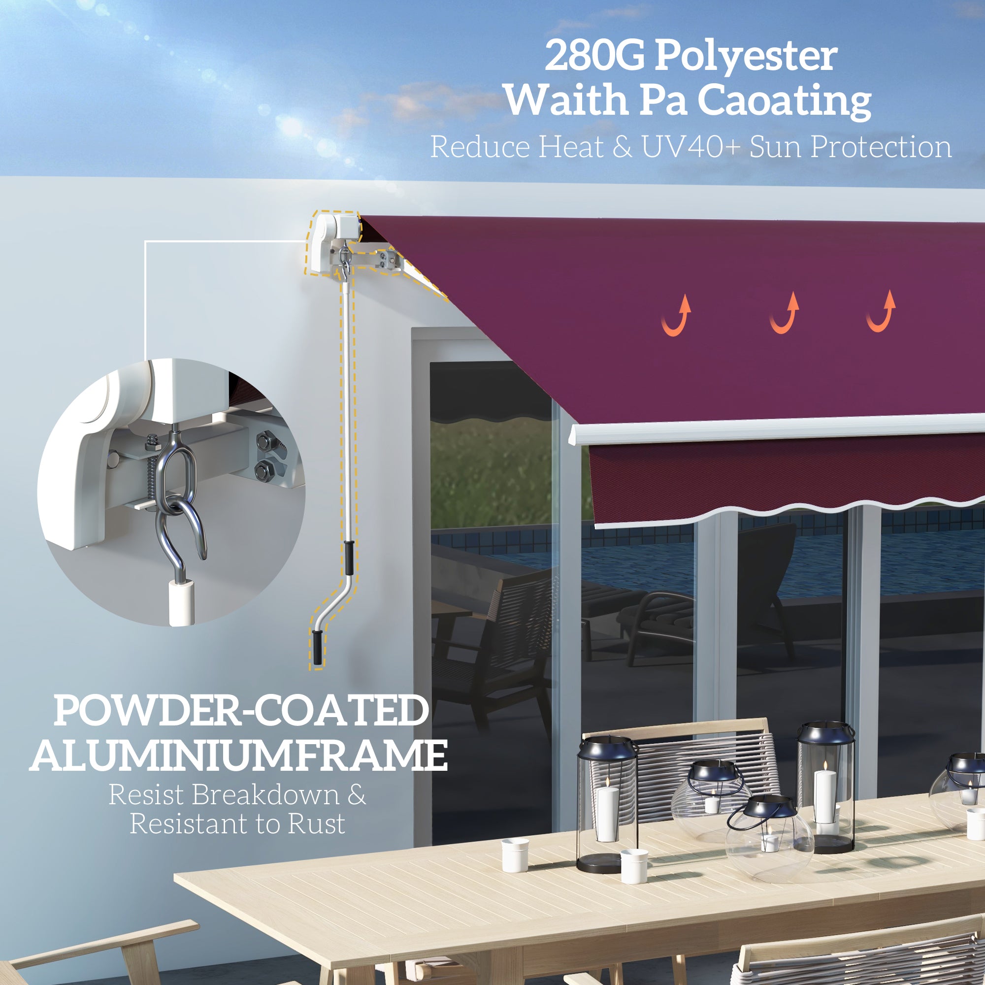 Outsunny 10' x 6.5' Manual Retractable Awning with LED Lights, Aluminum Frame Sun Canopies for Patio Door Window, Wine Red