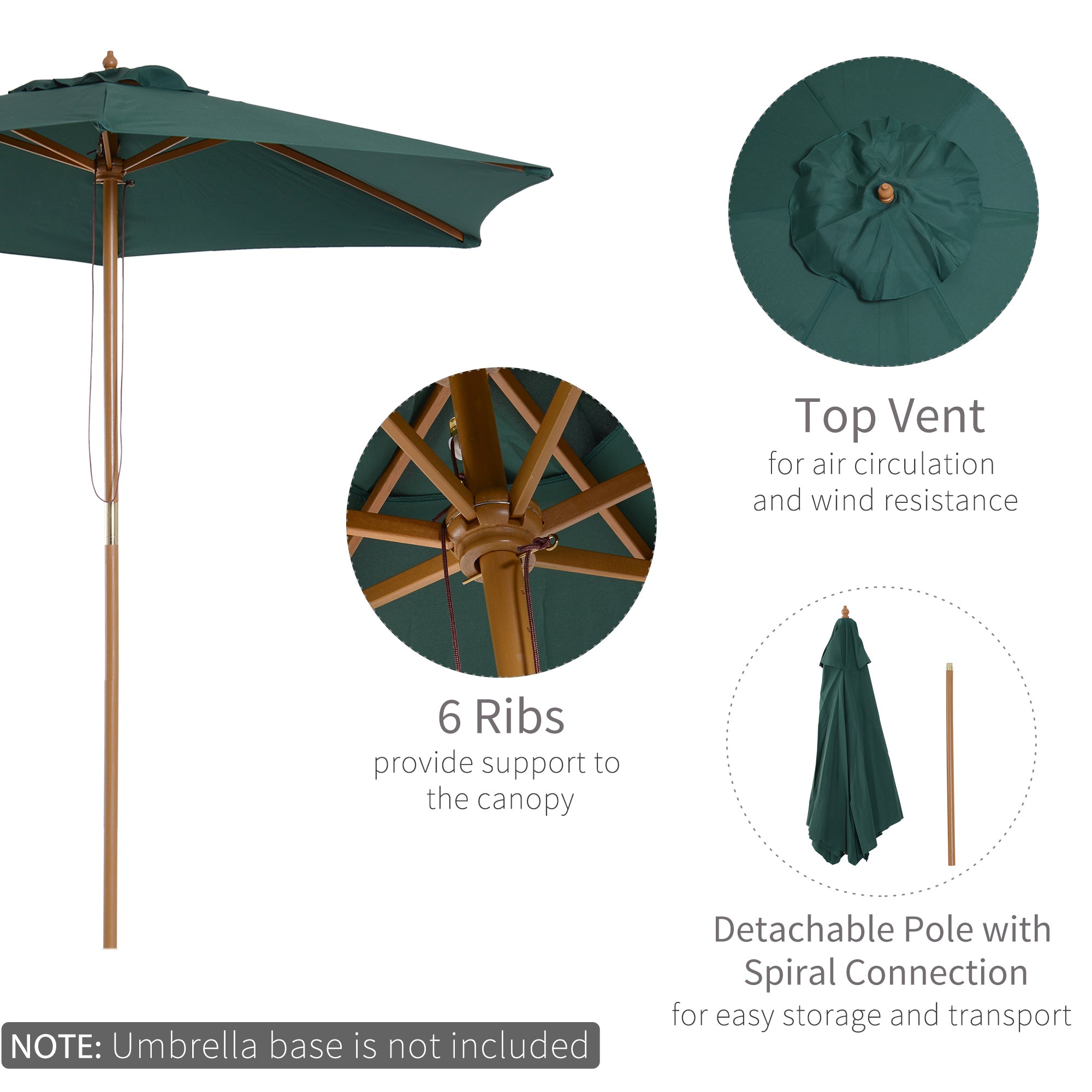 Outsunny 8FT Wood Market Umbrella Patio Umbrella Round Garden Parasol Canopy with Bamboo Ribs and Top Vent, Dark Green